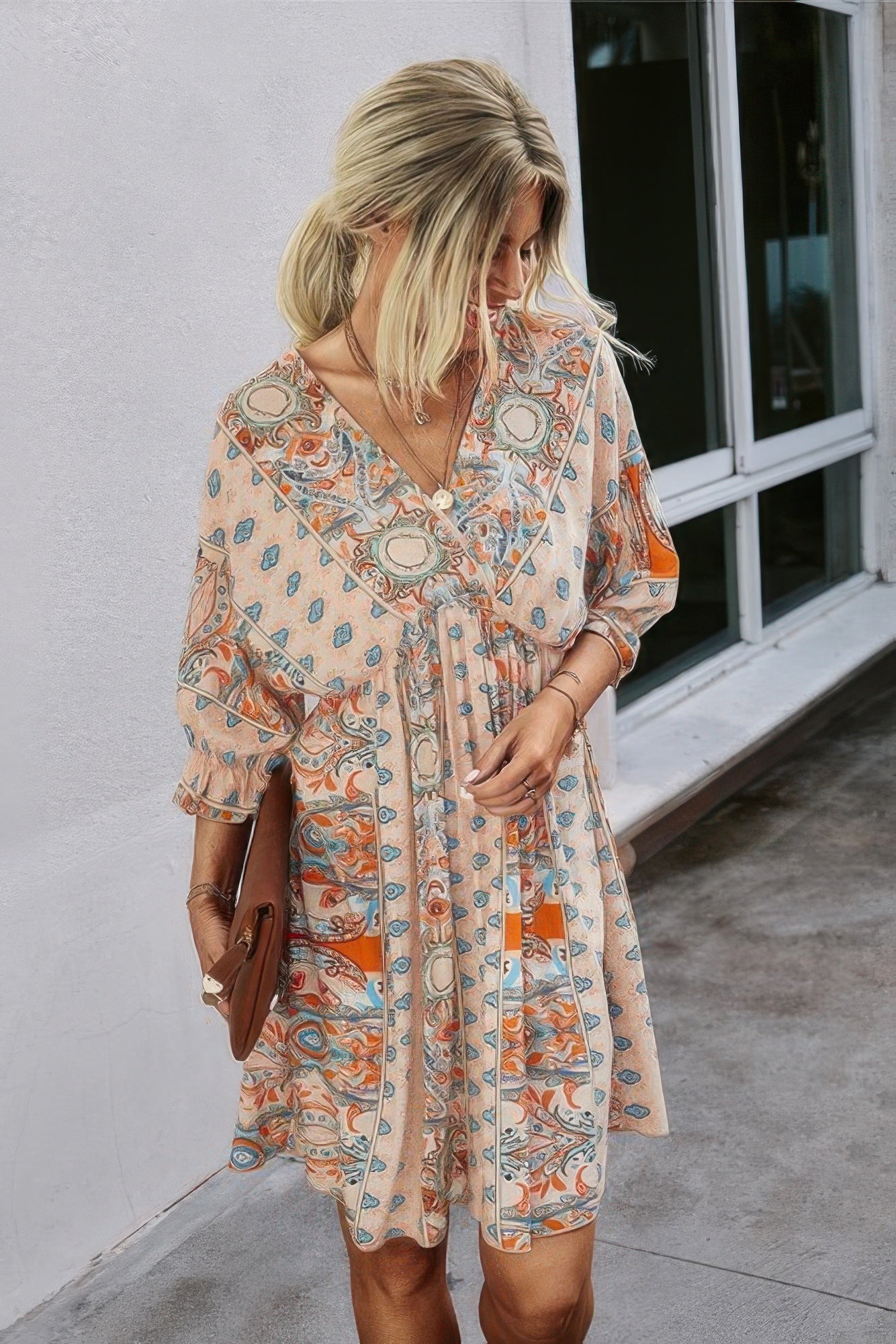 V Neck Half Sleeve Graphic Swing Dress  Shop One Place