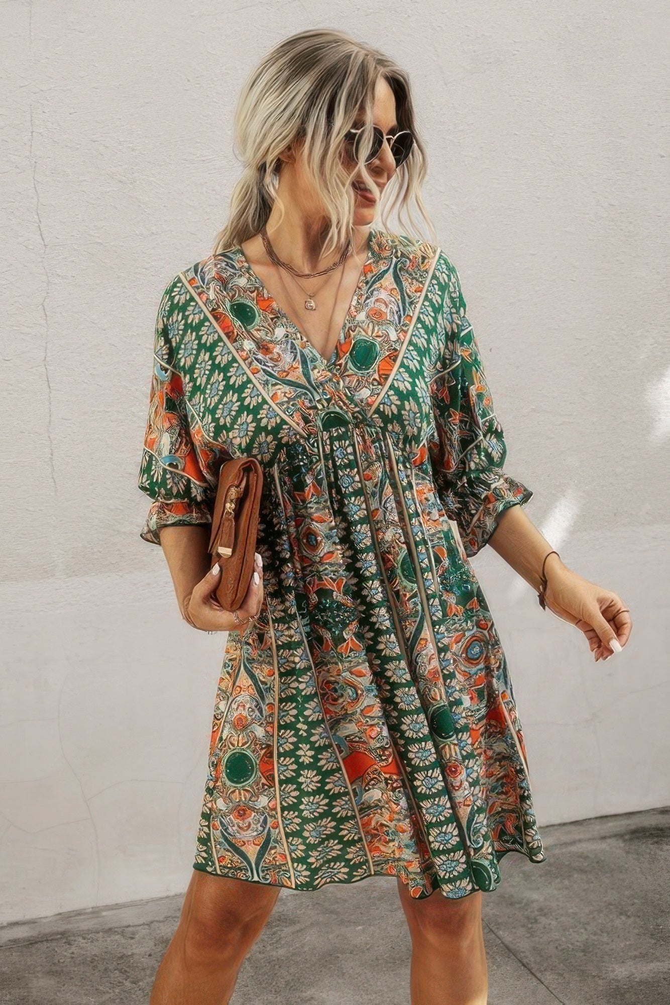 V Neck Half Sleeve Graphic Swing Dress  Shop One Place