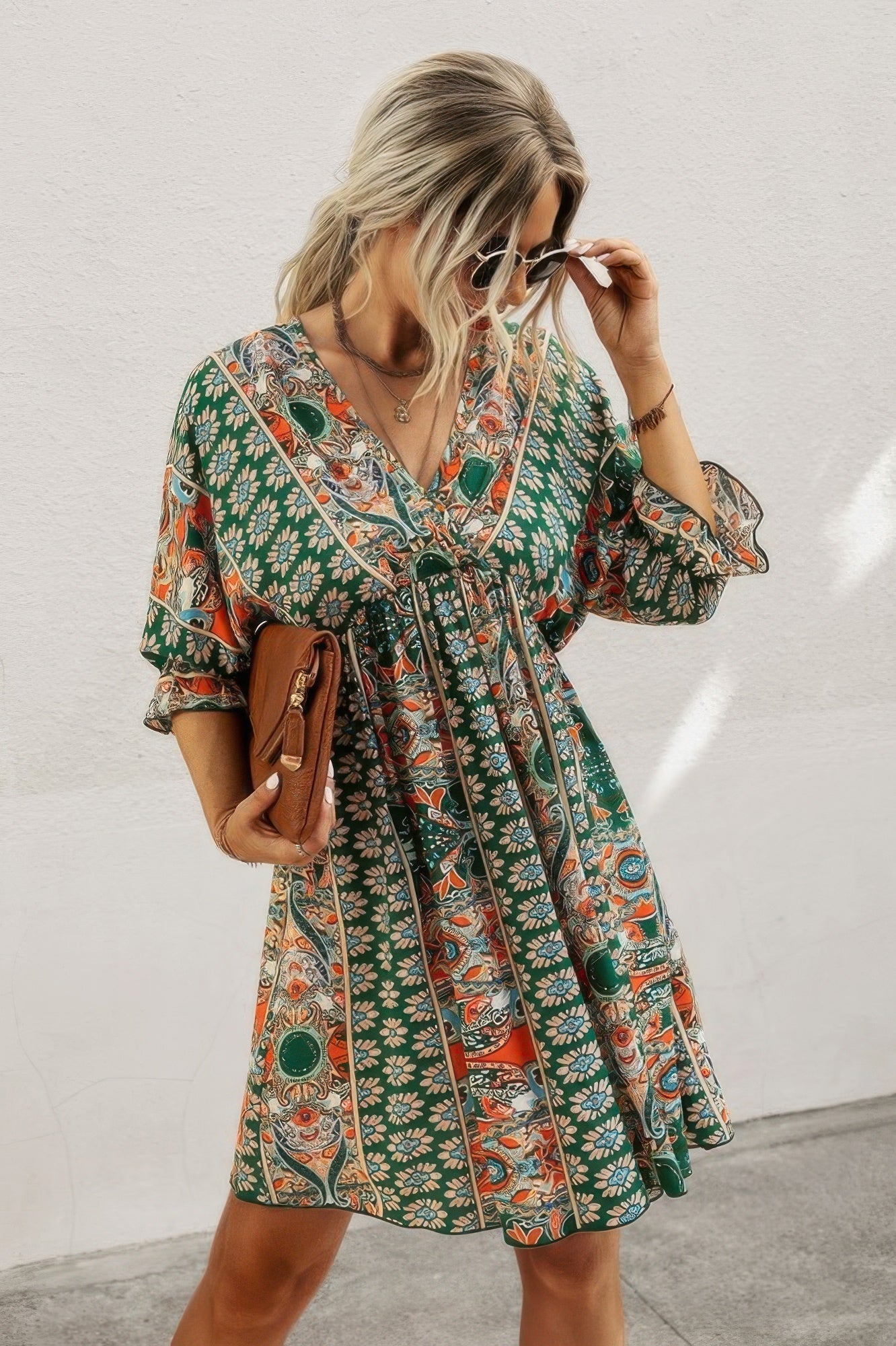 V Neck Half Sleeve Graphic Swing Dress  Shop One Place