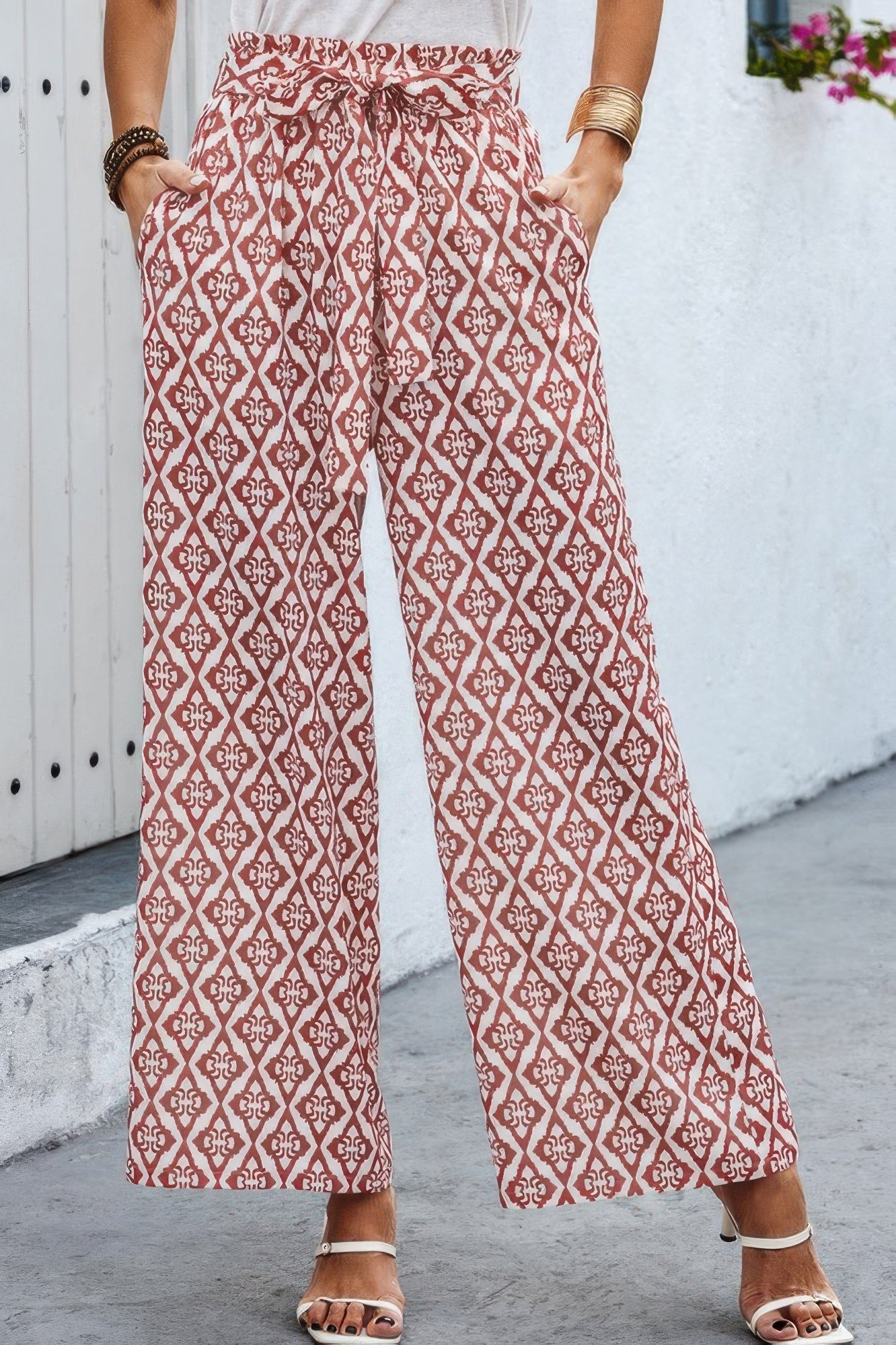 Elastic Waist Belt Pockets Wide Leg Pant  Shop One Place