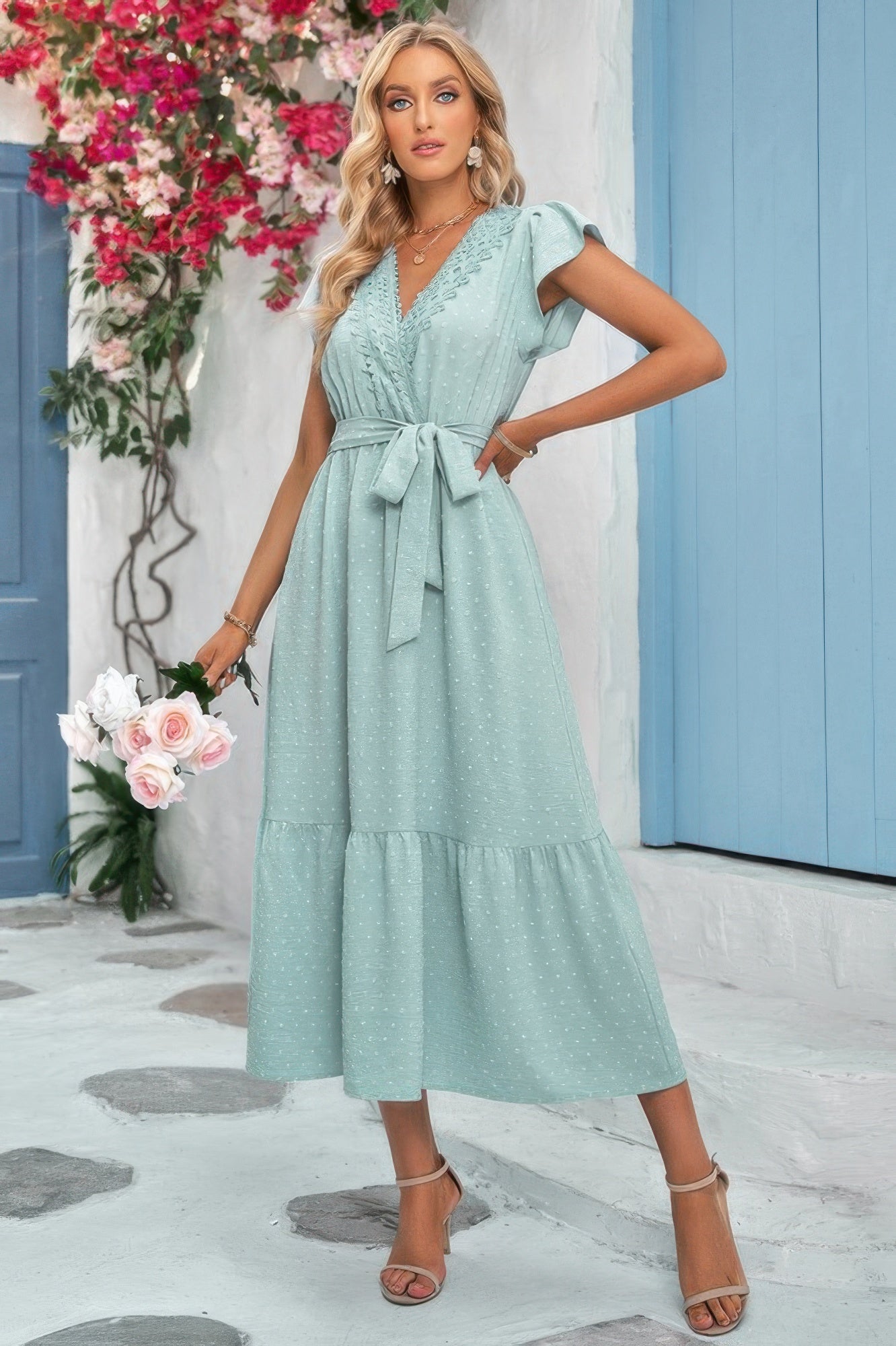 Solid Deep V Dot Lace Belt Long Dress  Shop One Place