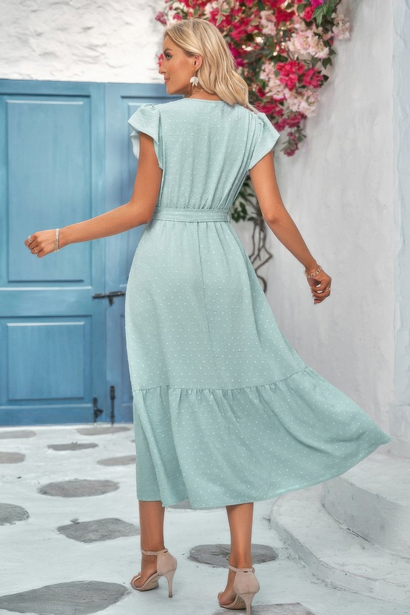 Solid Deep V Dot Lace Belt Long Dress  Shop One Place