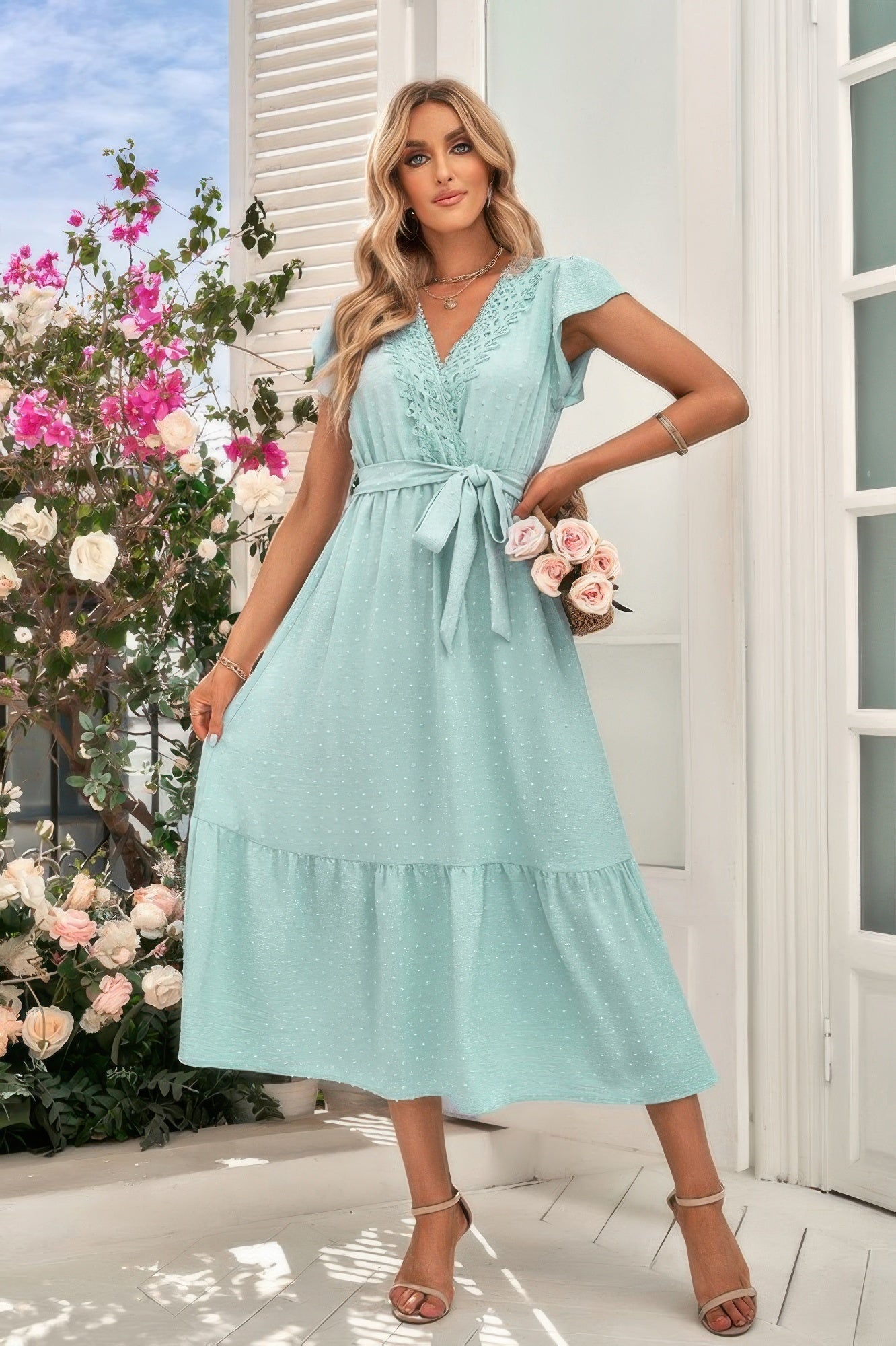 Solid Deep V Dot Lace Belt Long Dress  Shop One Place