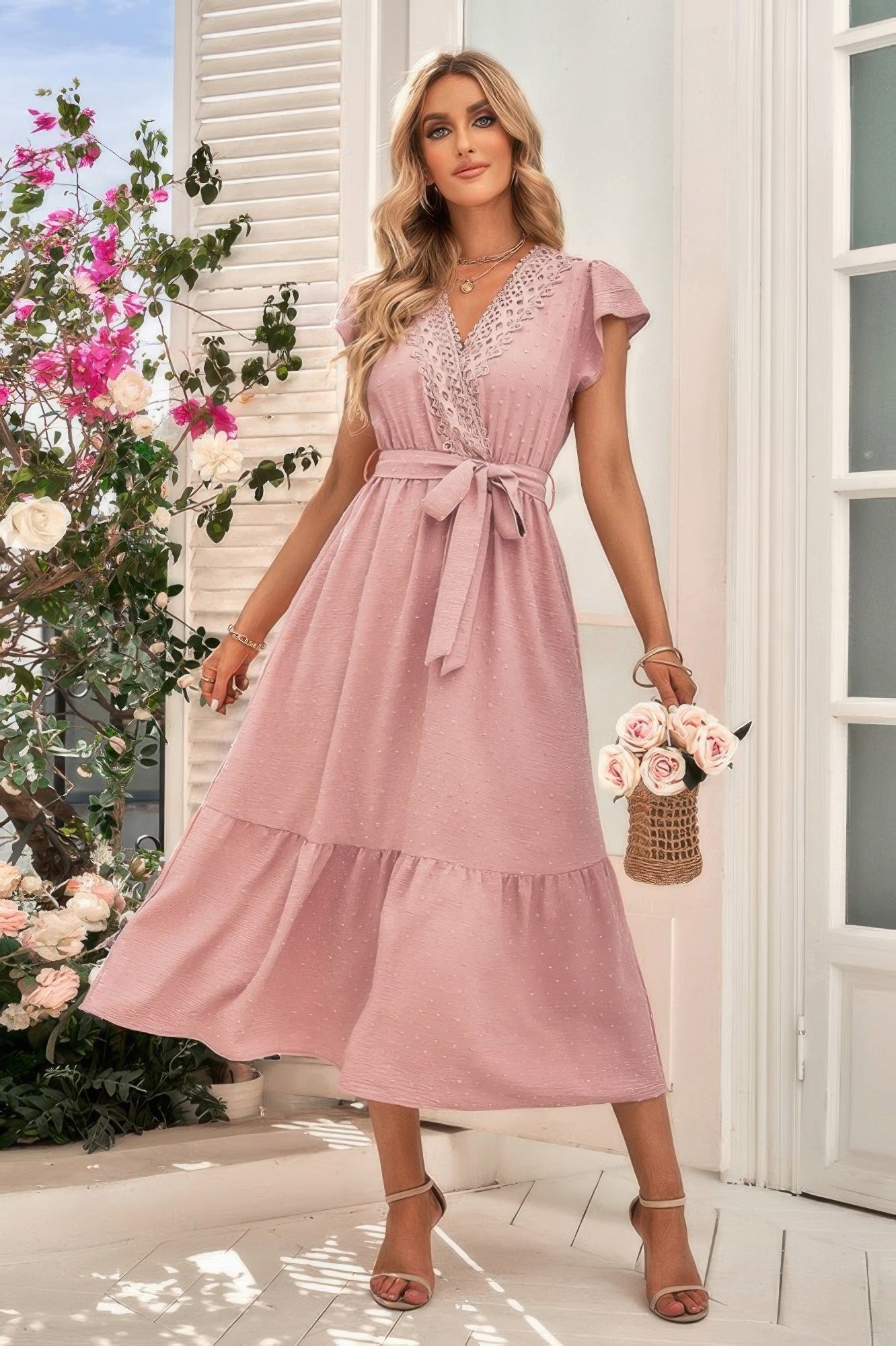 Solid Deep V Dot Lace Belt Long Dress  Shop One Place