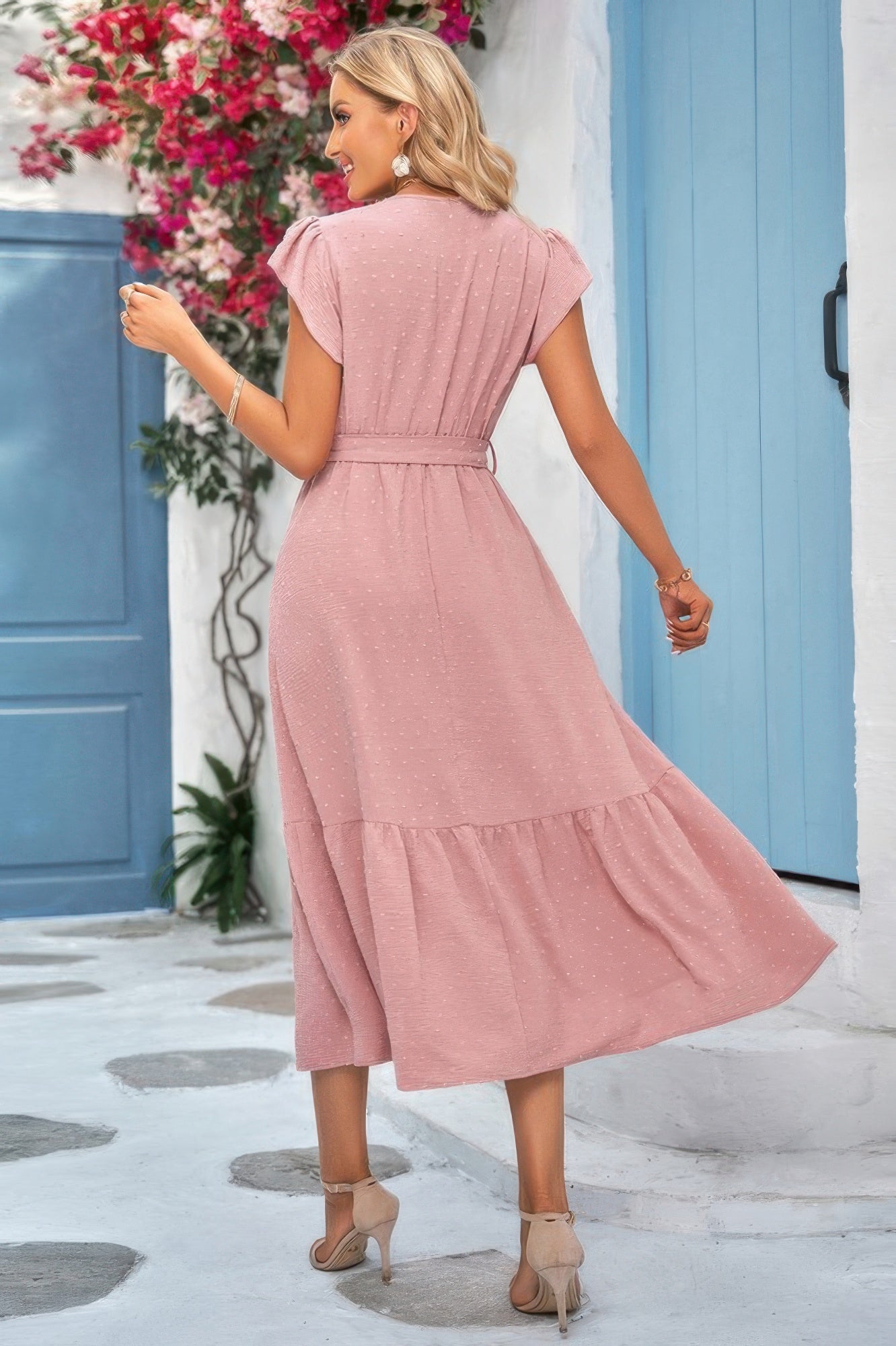 Solid Deep V Dot Lace Belt Long Dress  Shop One Place