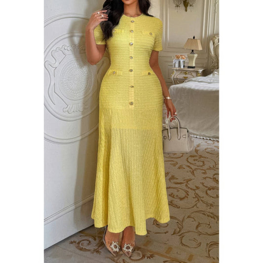 Solid Round Neck Button Elegant Sheath Dress  Shop One Place