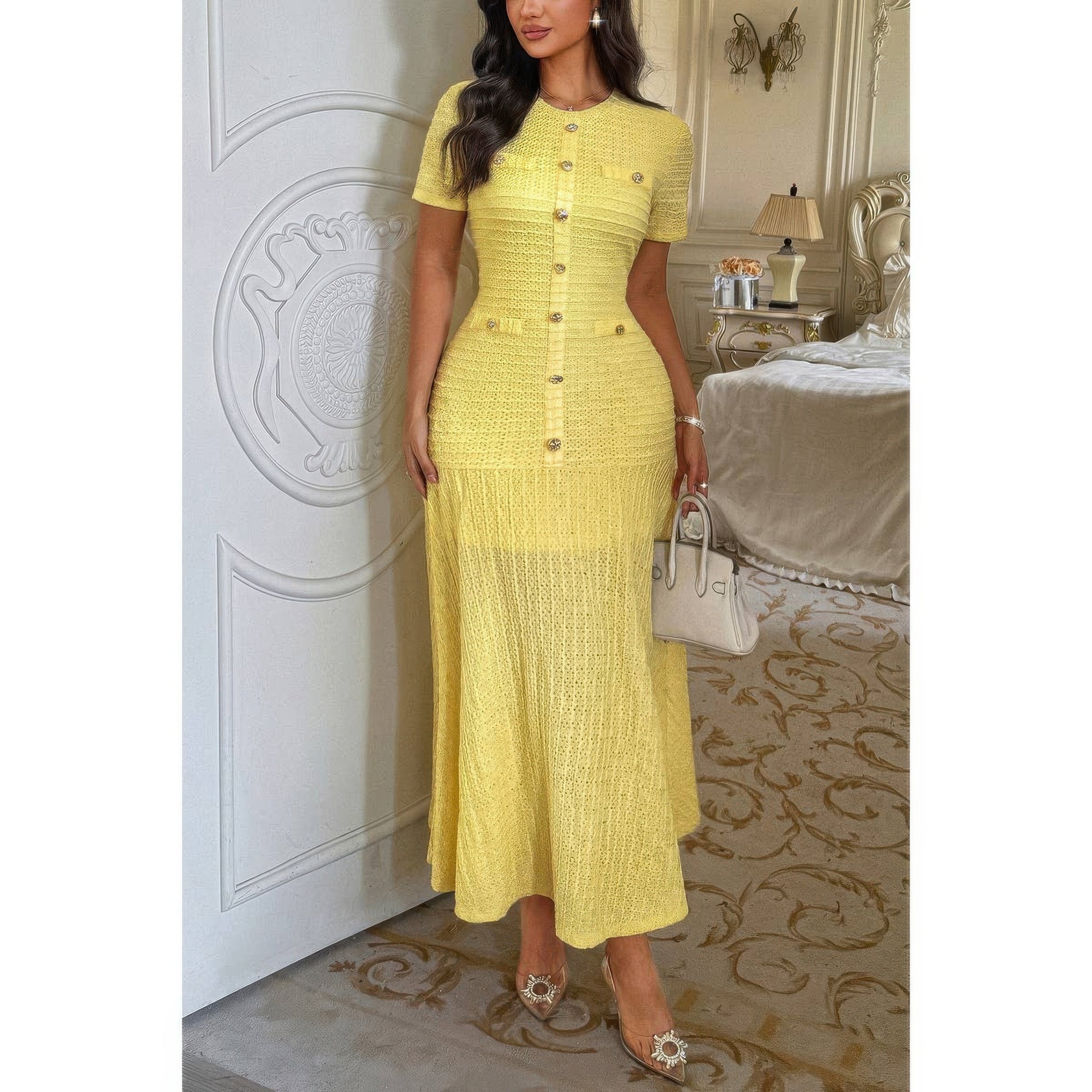 Solid Round Neck Button Elegant Sheath Dress  Shop One Place