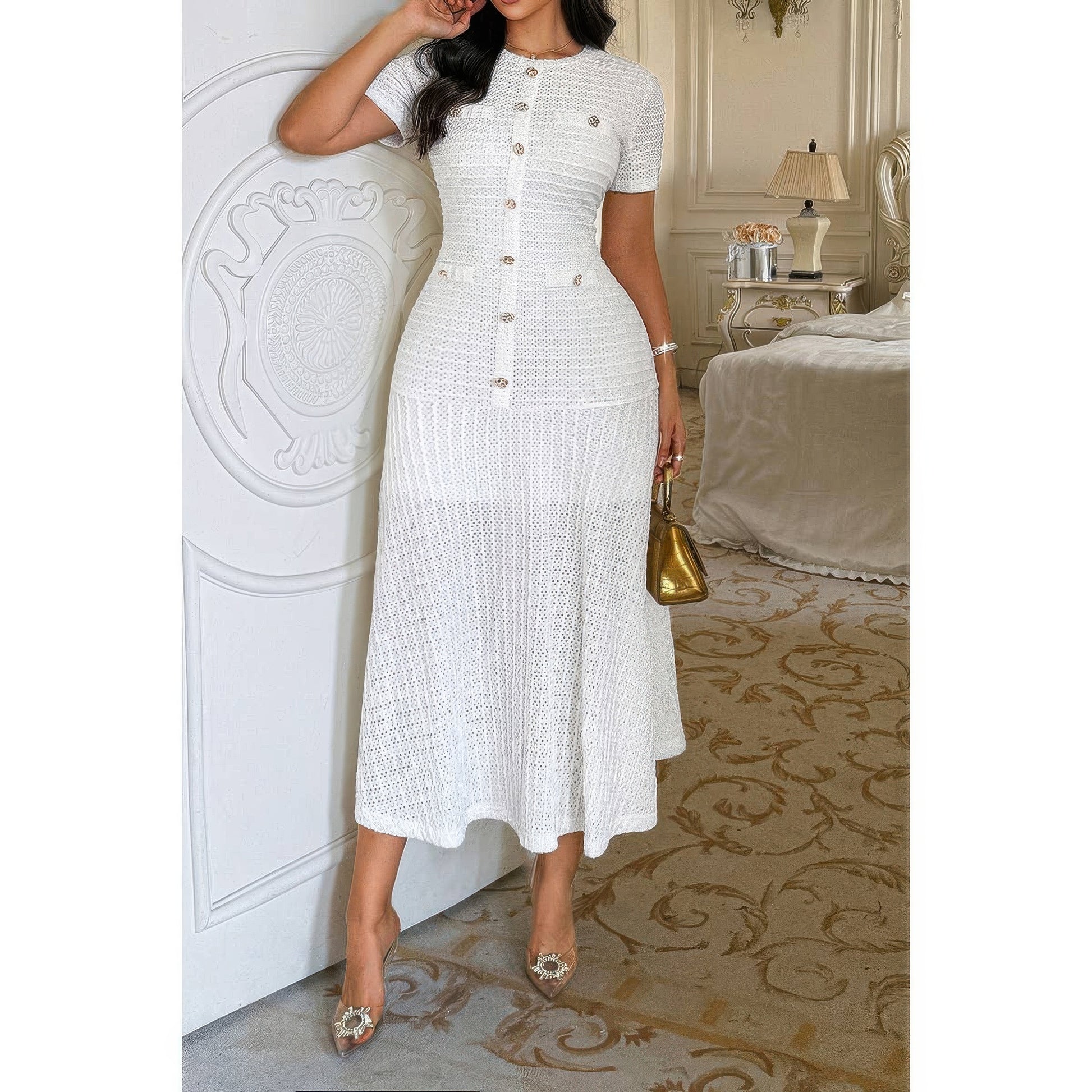 Solid Round Neck Button Elegant Sheath Dress  Shop One Place