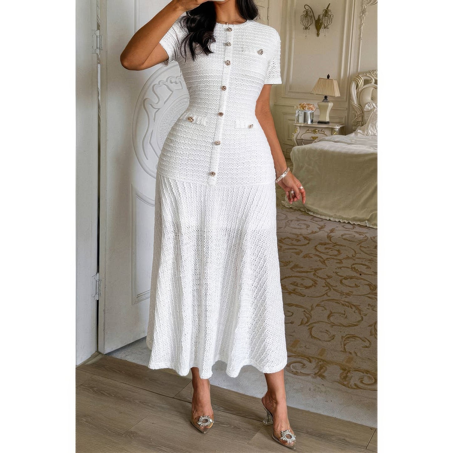 Solid Round Neck Button Elegant Sheath Dress  Shop One Place