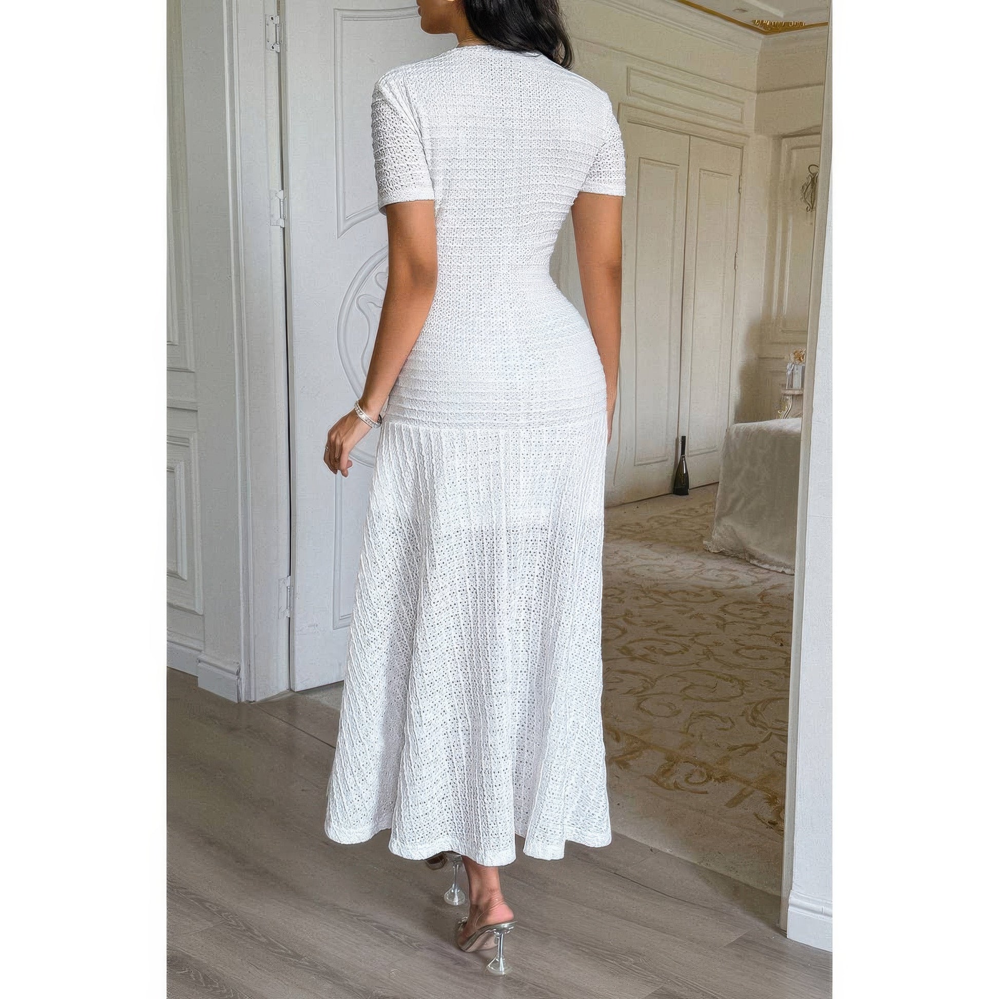 Solid Round Neck Button Elegant Sheath Dress  Shop One Place