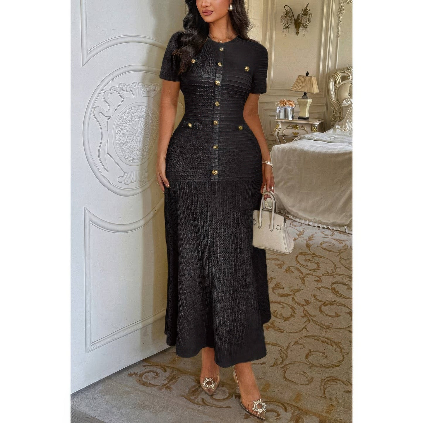 Solid Round Neck Button Elegant Sheath Dress  Shop One Place