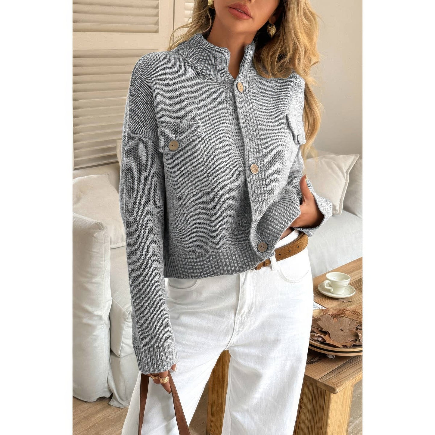 Button Down Long Sleeve Textured Knit Jacket  Shop One Place