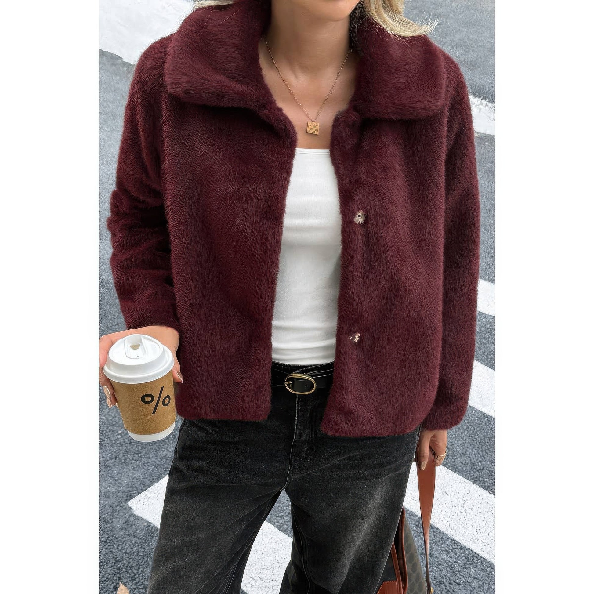 Solid Button Faux Fur Crop Jacket  Shop One Place