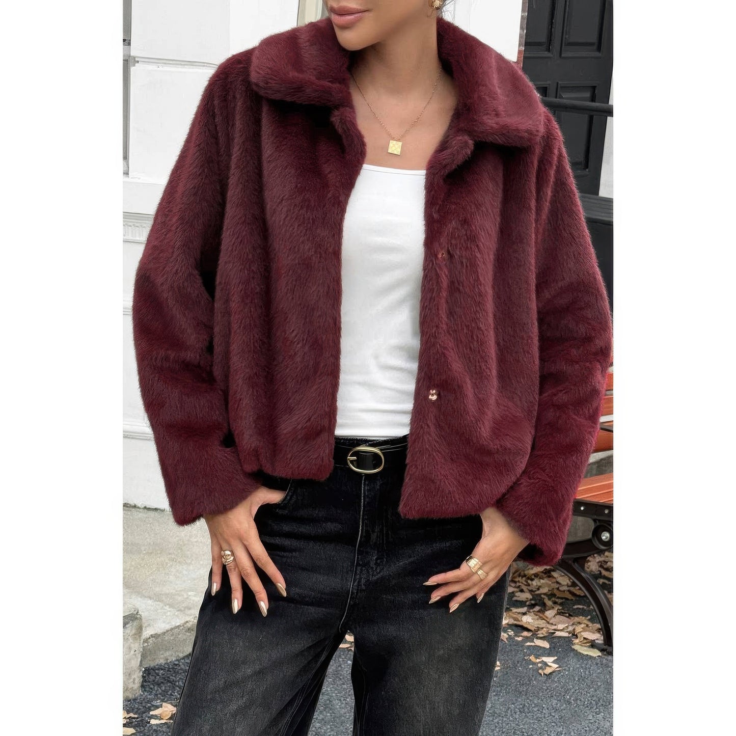 Solid Button Faux Fur Crop Jacket  Shop One Place