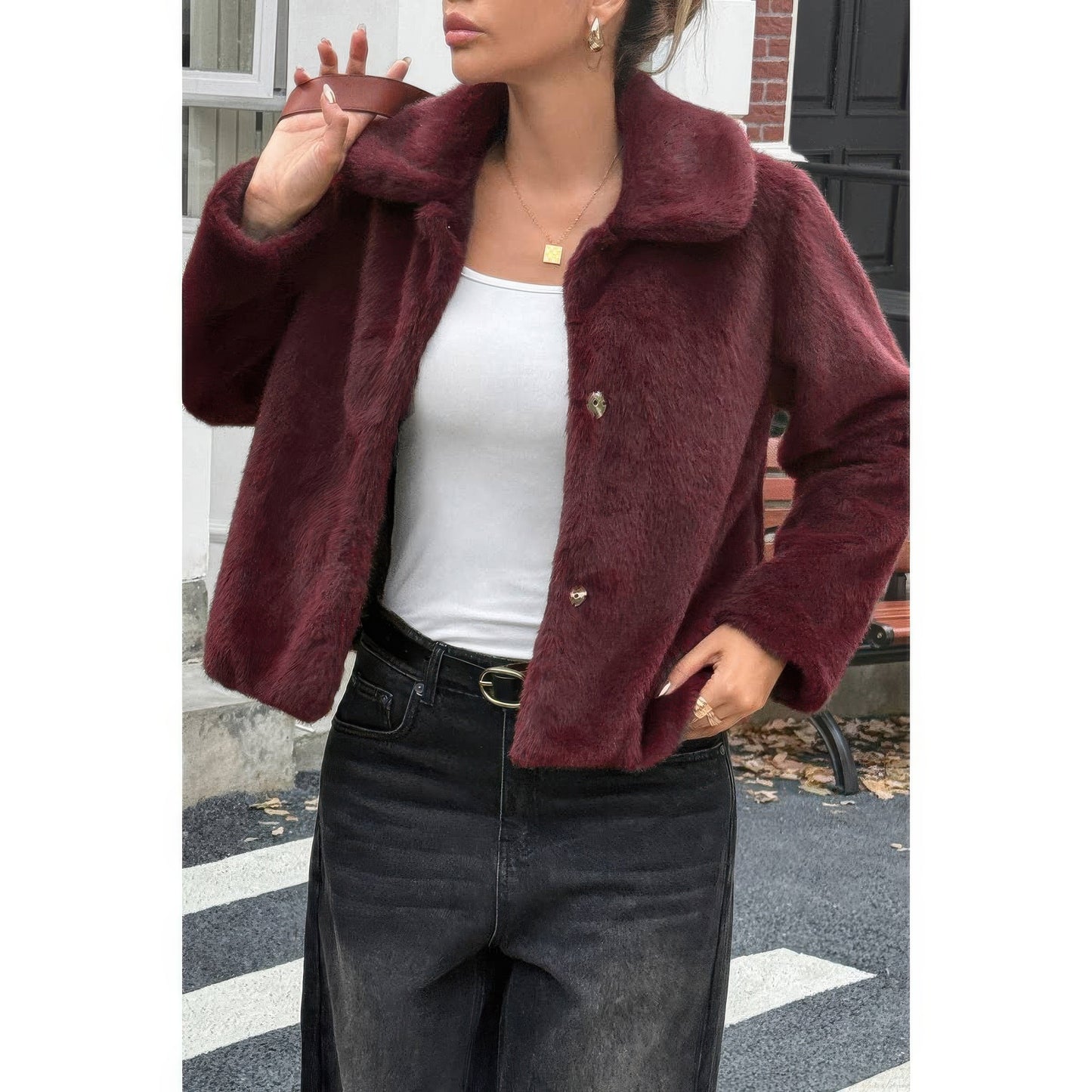 Solid Button Faux Fur Crop Jacket  Shop One Place