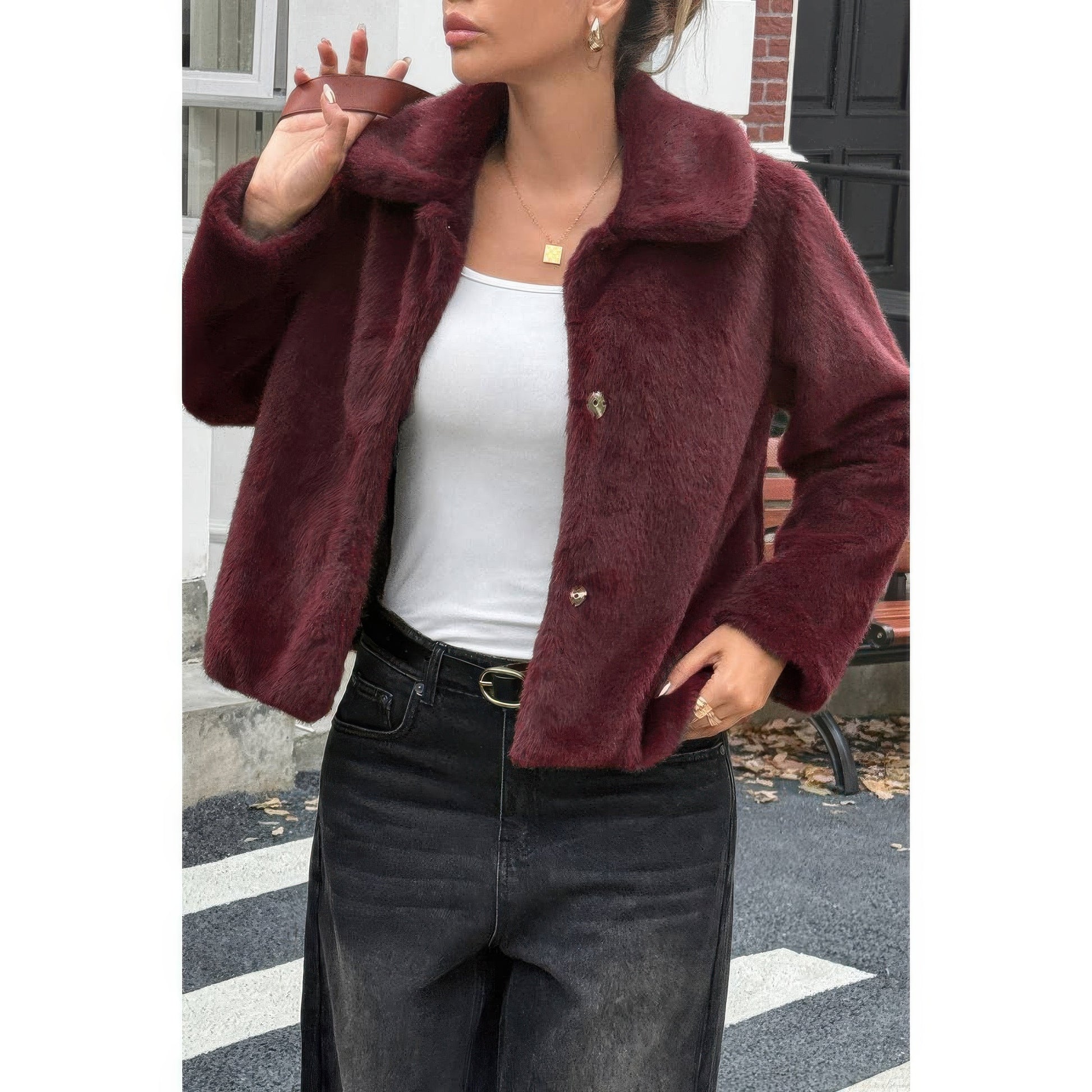 Solid Button Faux Fur Crop Jacket  Shop One Place