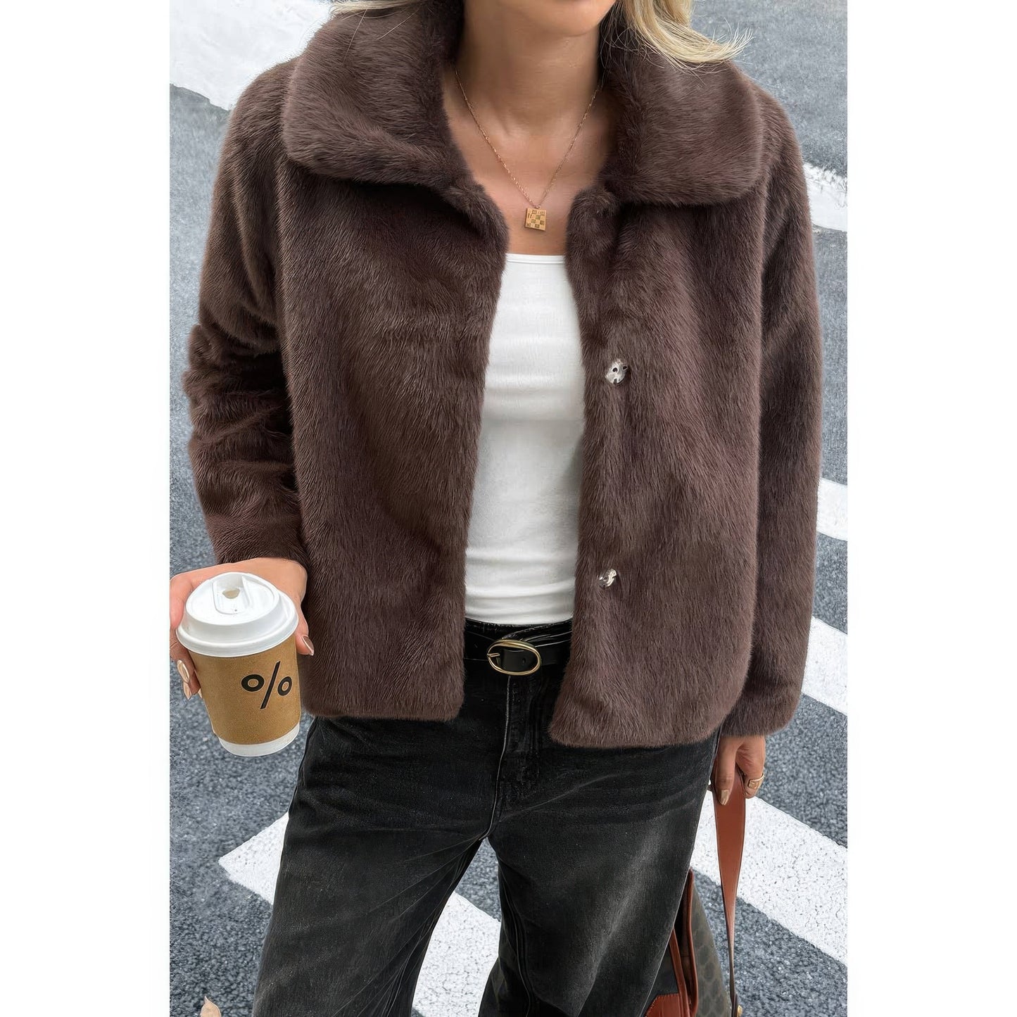 Solid Button Faux Fur Crop Jacket  Shop One Place