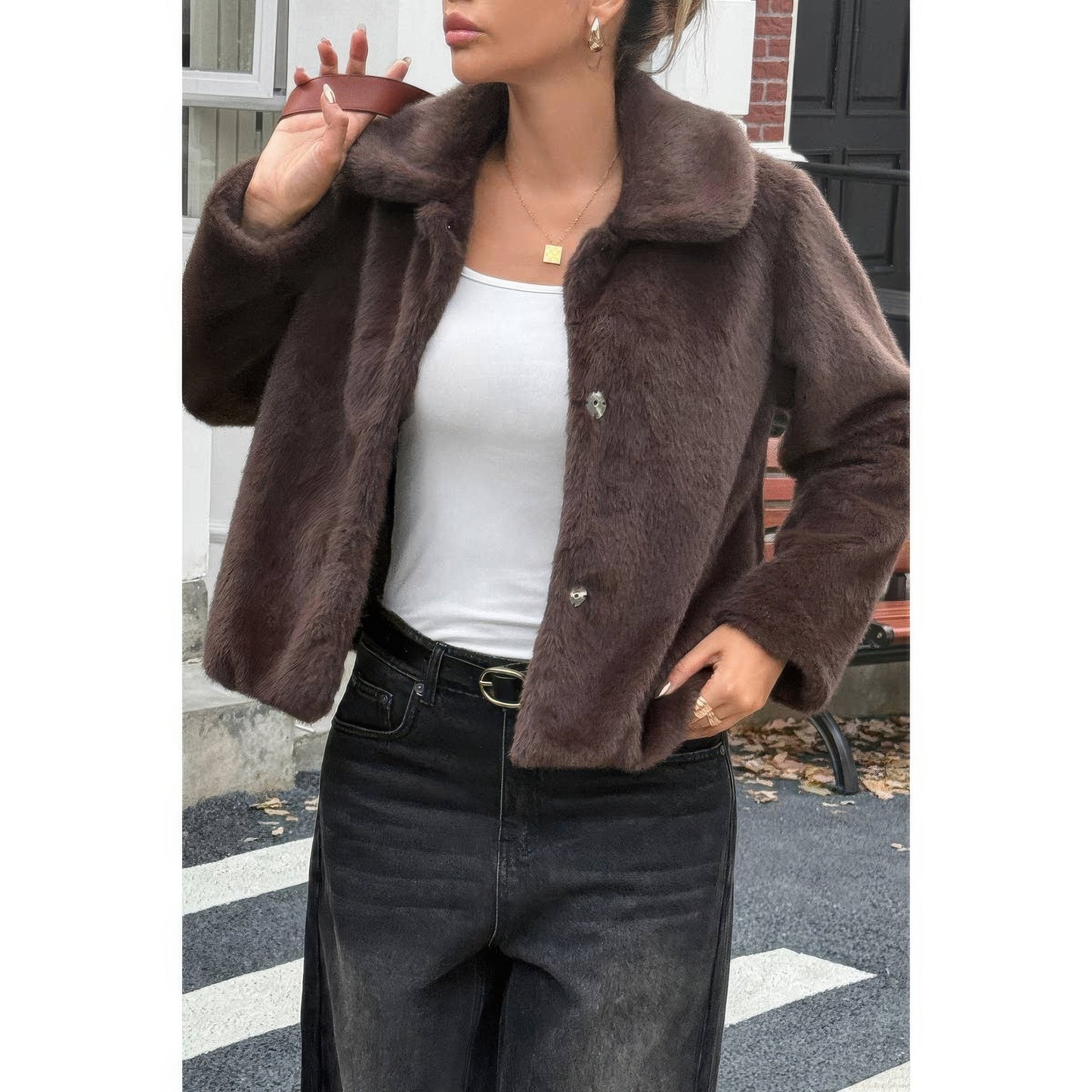 Solid Button Faux Fur Crop Jacket  Shop One Place
