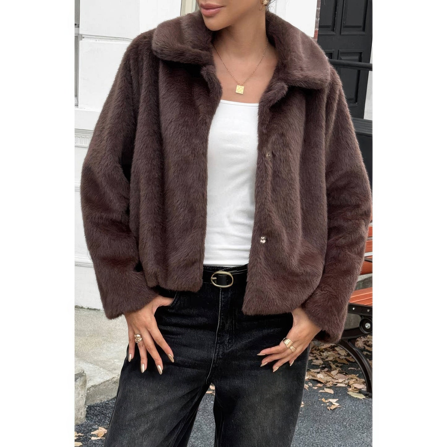 Solid Button Faux Fur Crop Jacket  Shop One Place