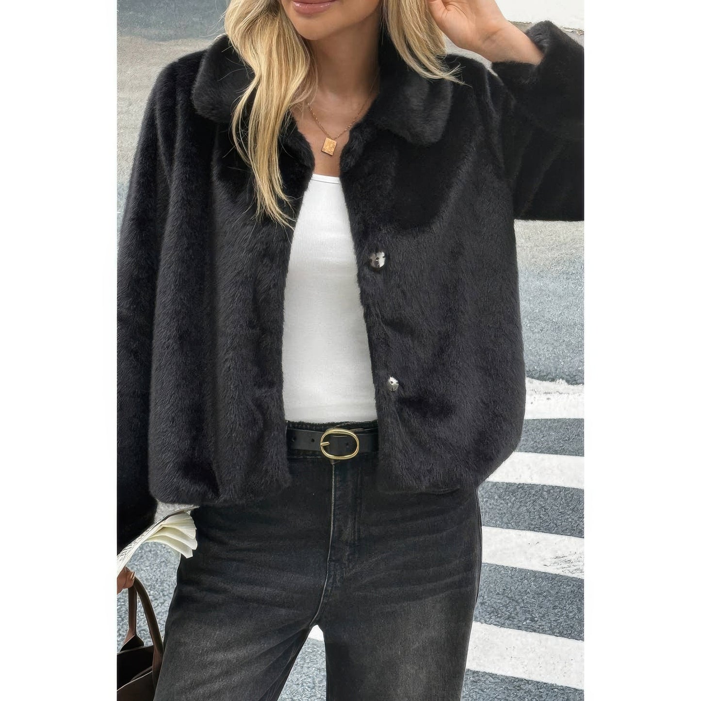 Solid Button Faux Fur Crop Jacket  Shop One Place