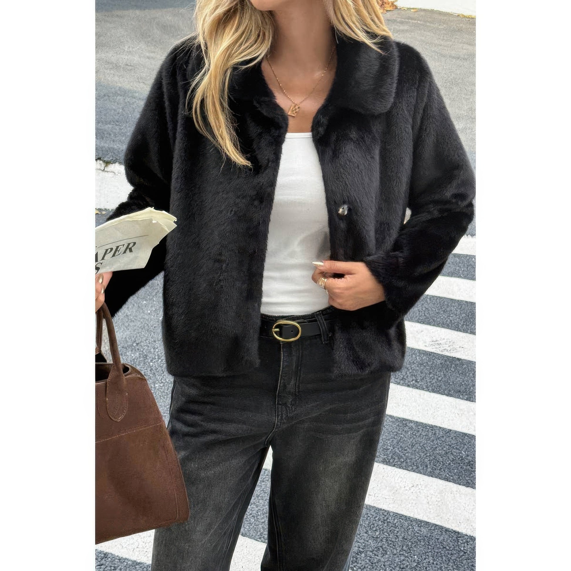 Solid Button Faux Fur Crop Jacket  Shop One Place