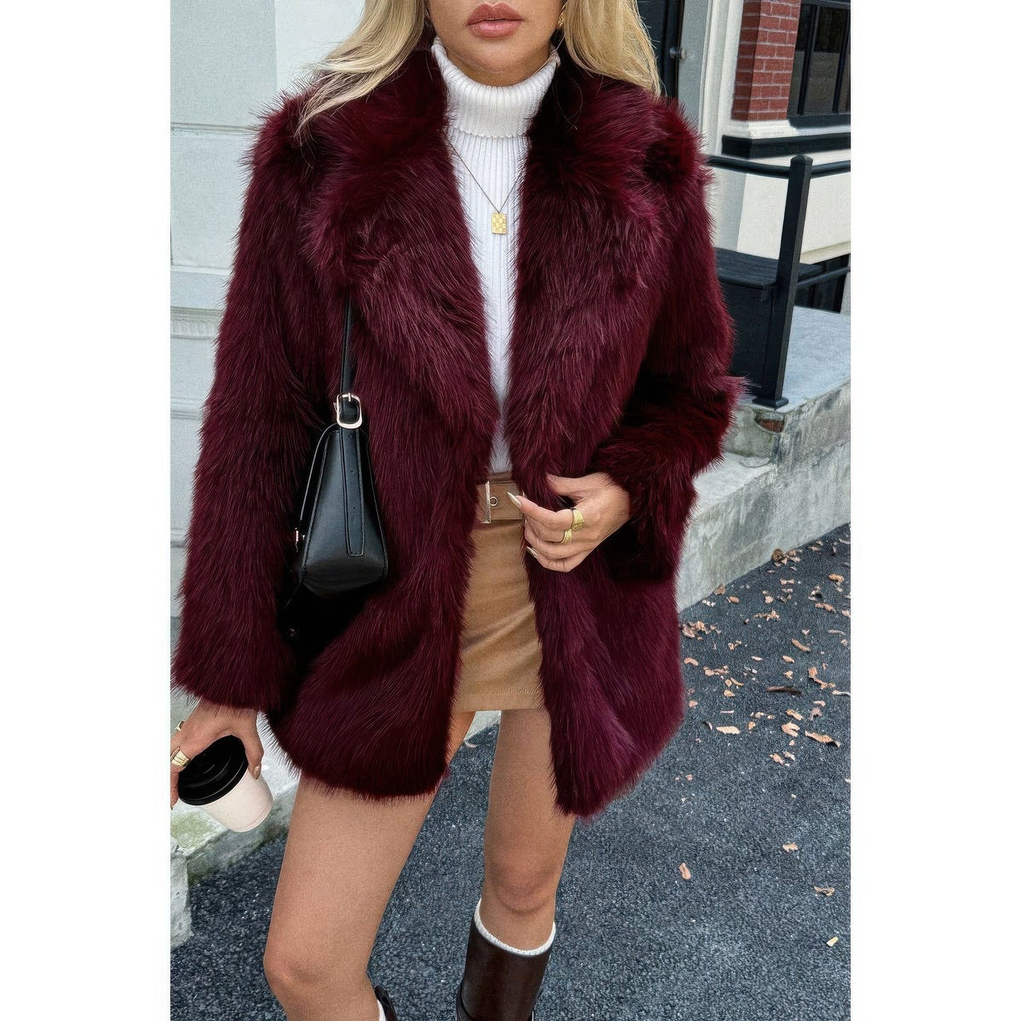 Faux Fur Fuzzy Fleece Lapel Open Front Coat  Shop One Place