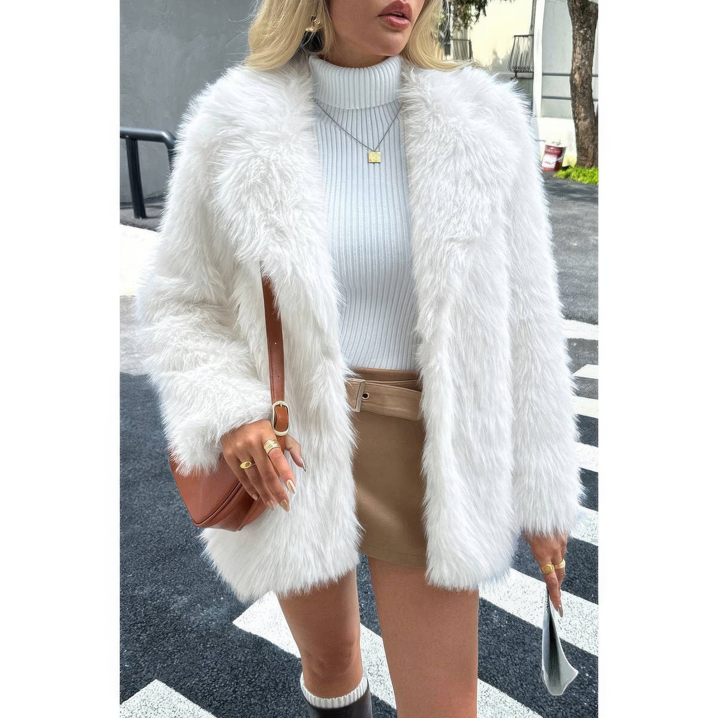 Faux Fur Fuzzy Fleece Lapel Open Front Coat  Shop One Place