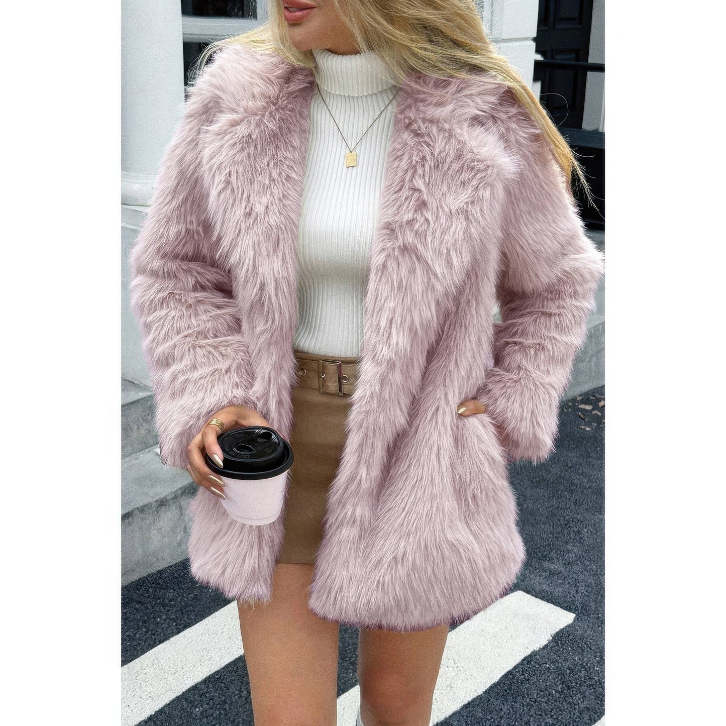 Faux Fur Fuzzy Fleece Lapel Open Front Coat  Shop One Place