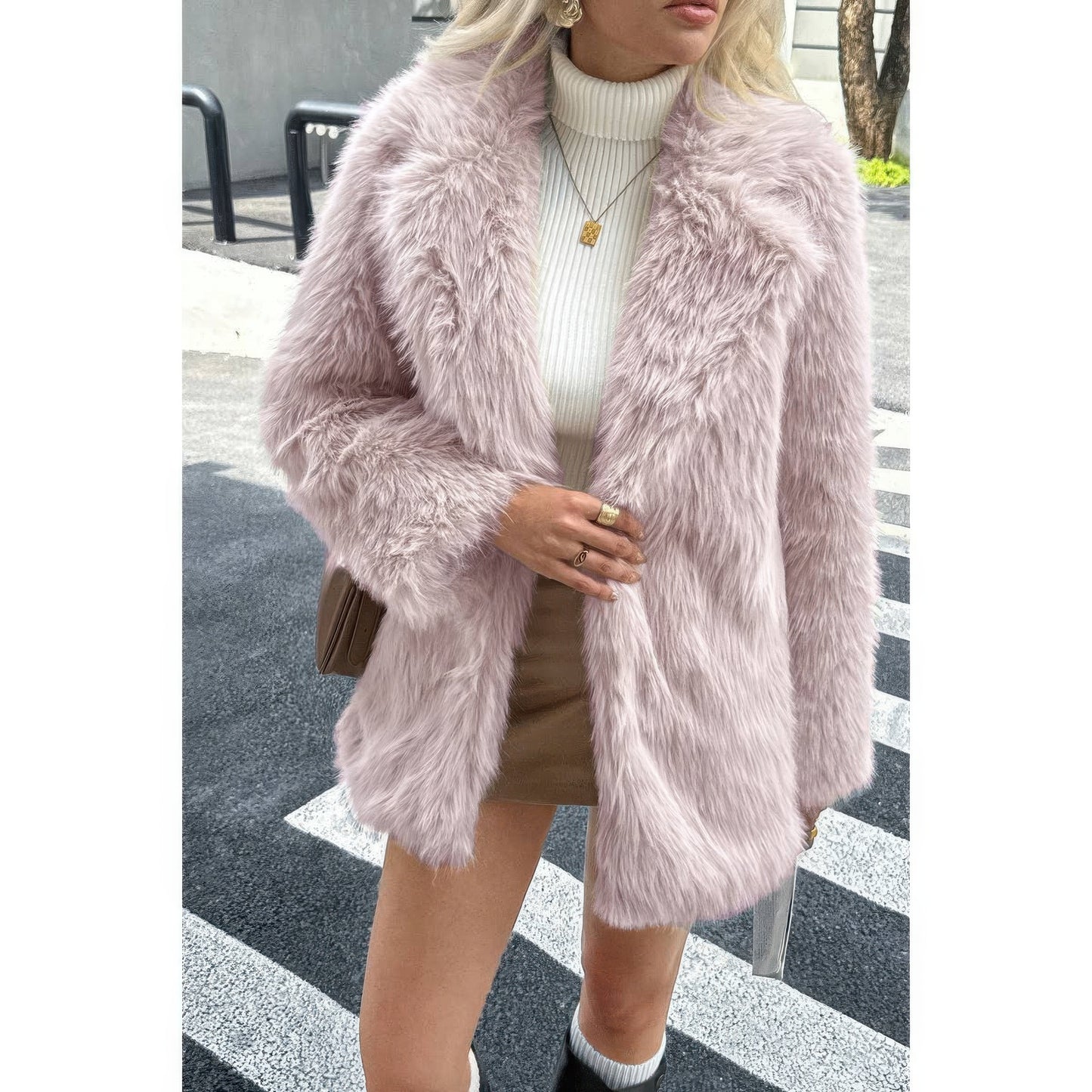 Faux Fur Fuzzy Fleece Lapel Open Front Coat  Shop One Place