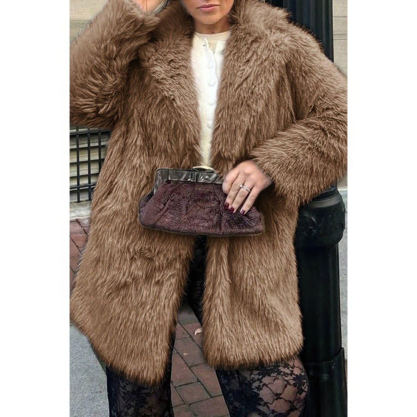 Faux Fur Fuzzy Fleece Lapel Open Front Coat  Shop One Place