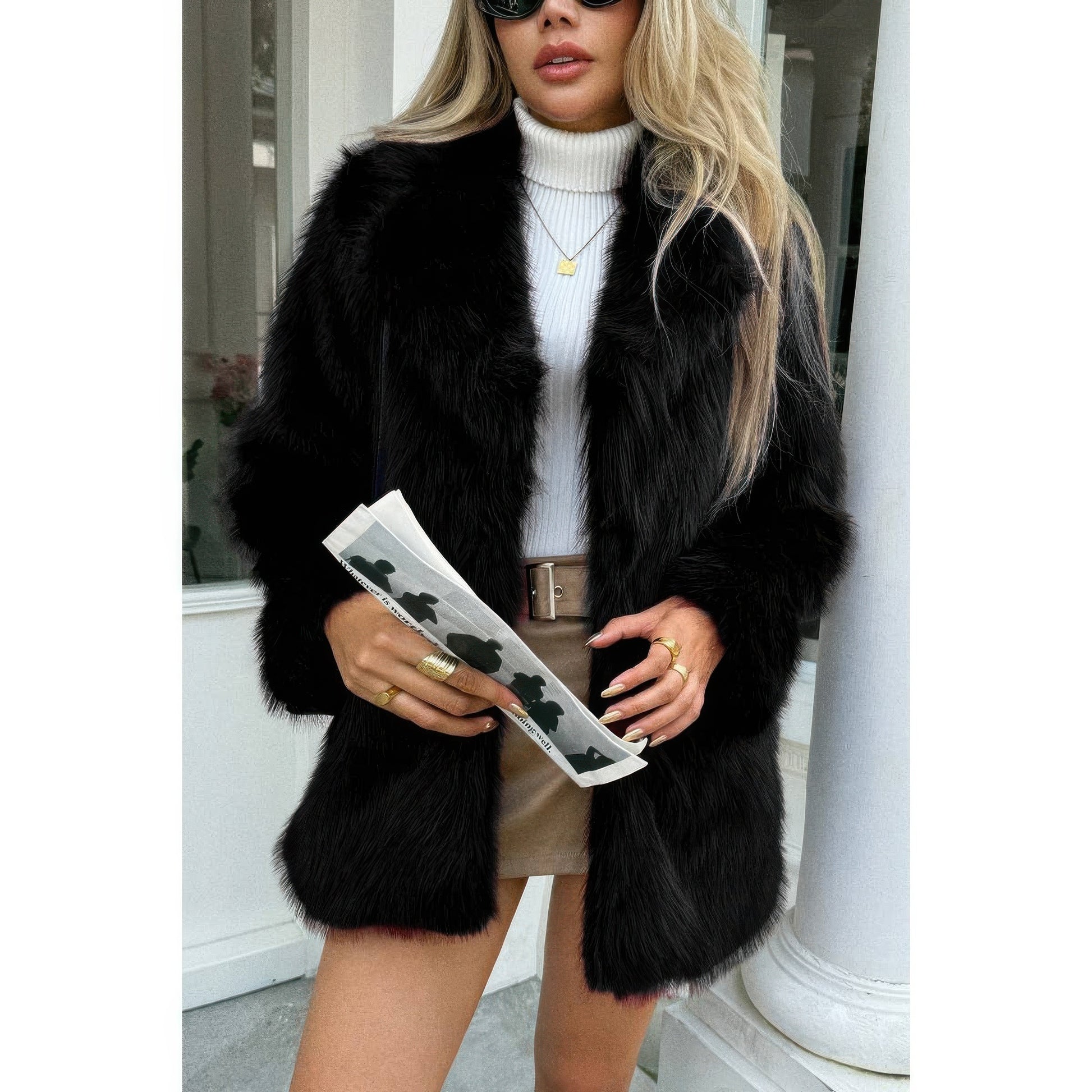 Faux Fur Fuzzy Fleece Lapel Open Front Coat  Shop One Place