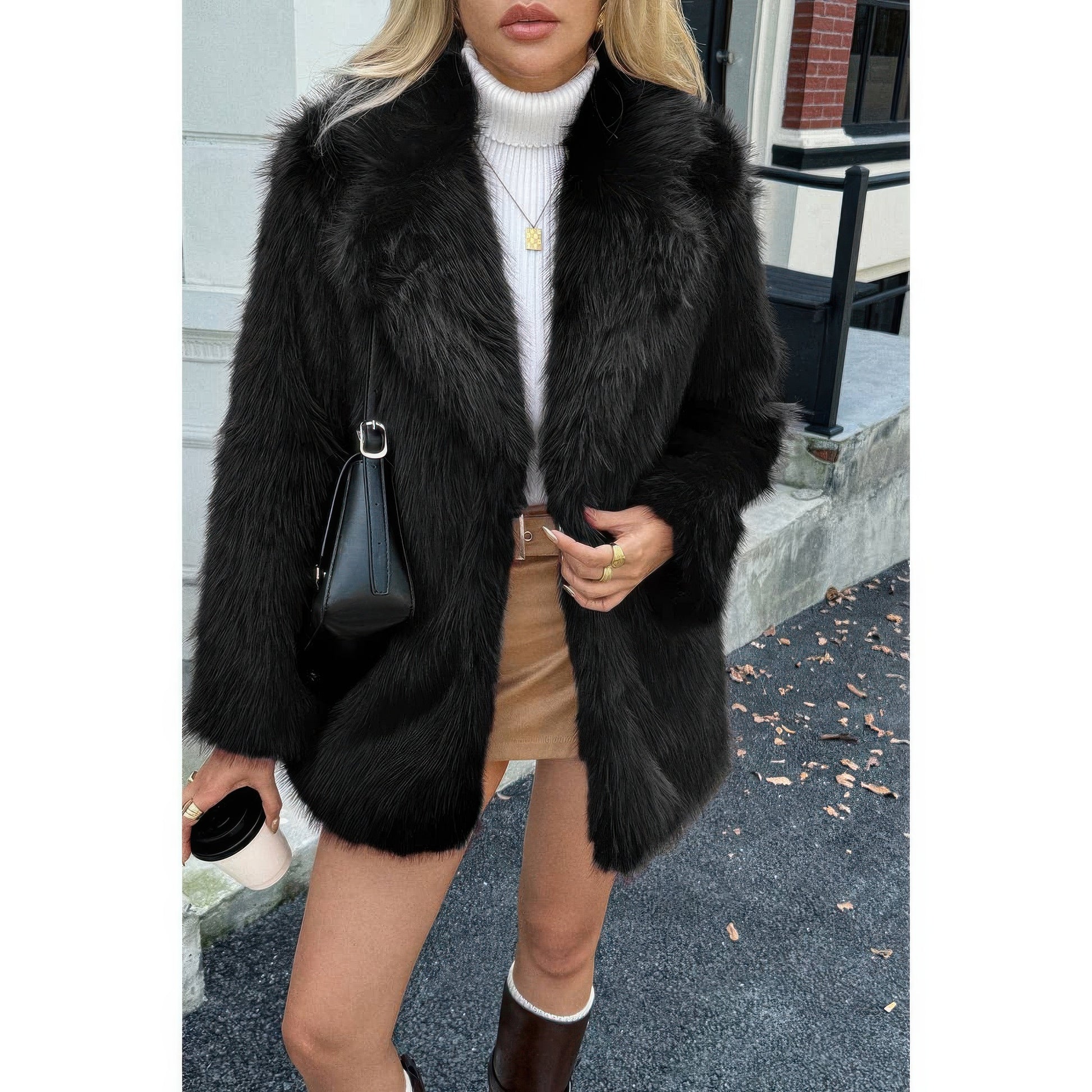 Faux Fur Fuzzy Fleece Lapel Open Front Coat  Shop One Place