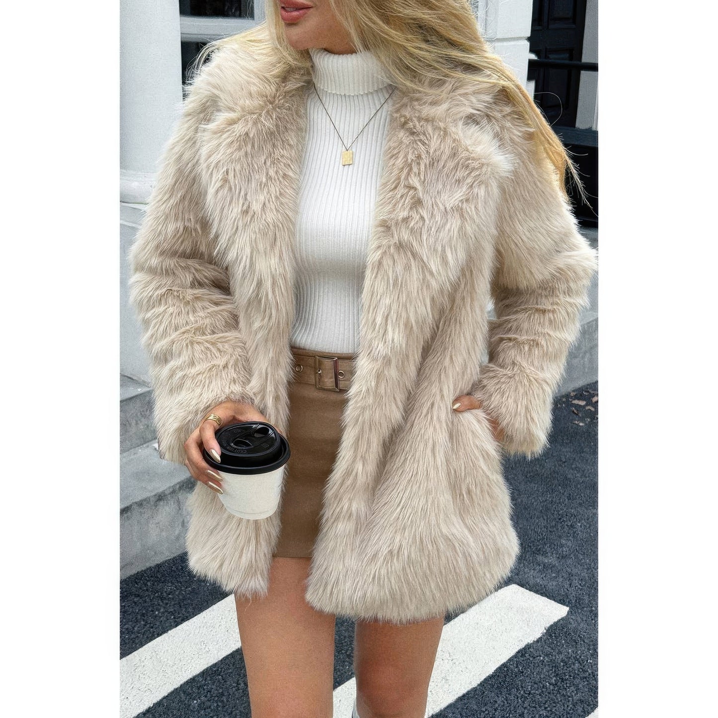 Faux Fur Fuzzy Fleece Lapel Open Front Coat  Shop One Place