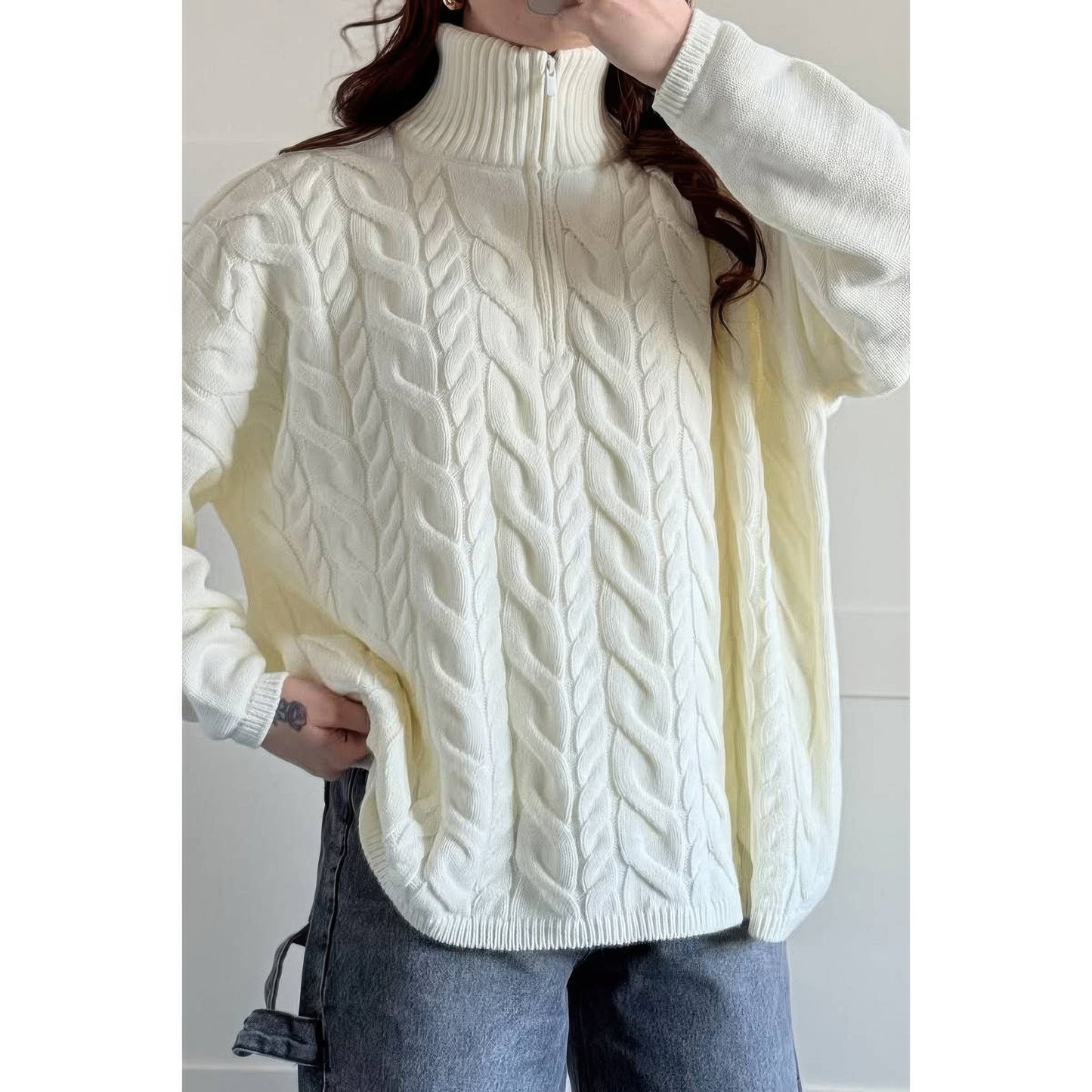 Cable Knit Half Zipper Solid Loose Sweater  Shop One Place