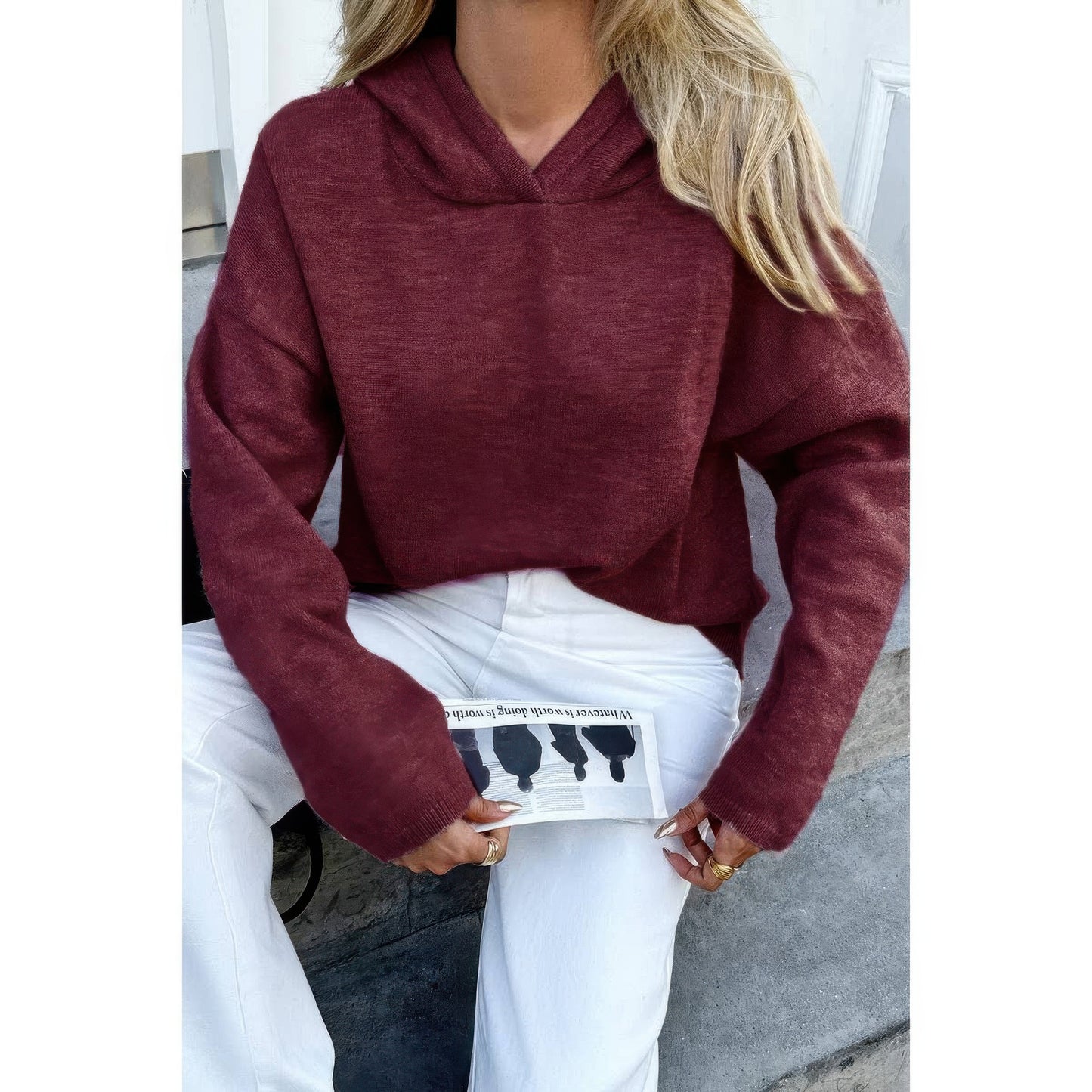 Solid Knit Long Sleeve Loose Hooded Sweater  Shop One Place