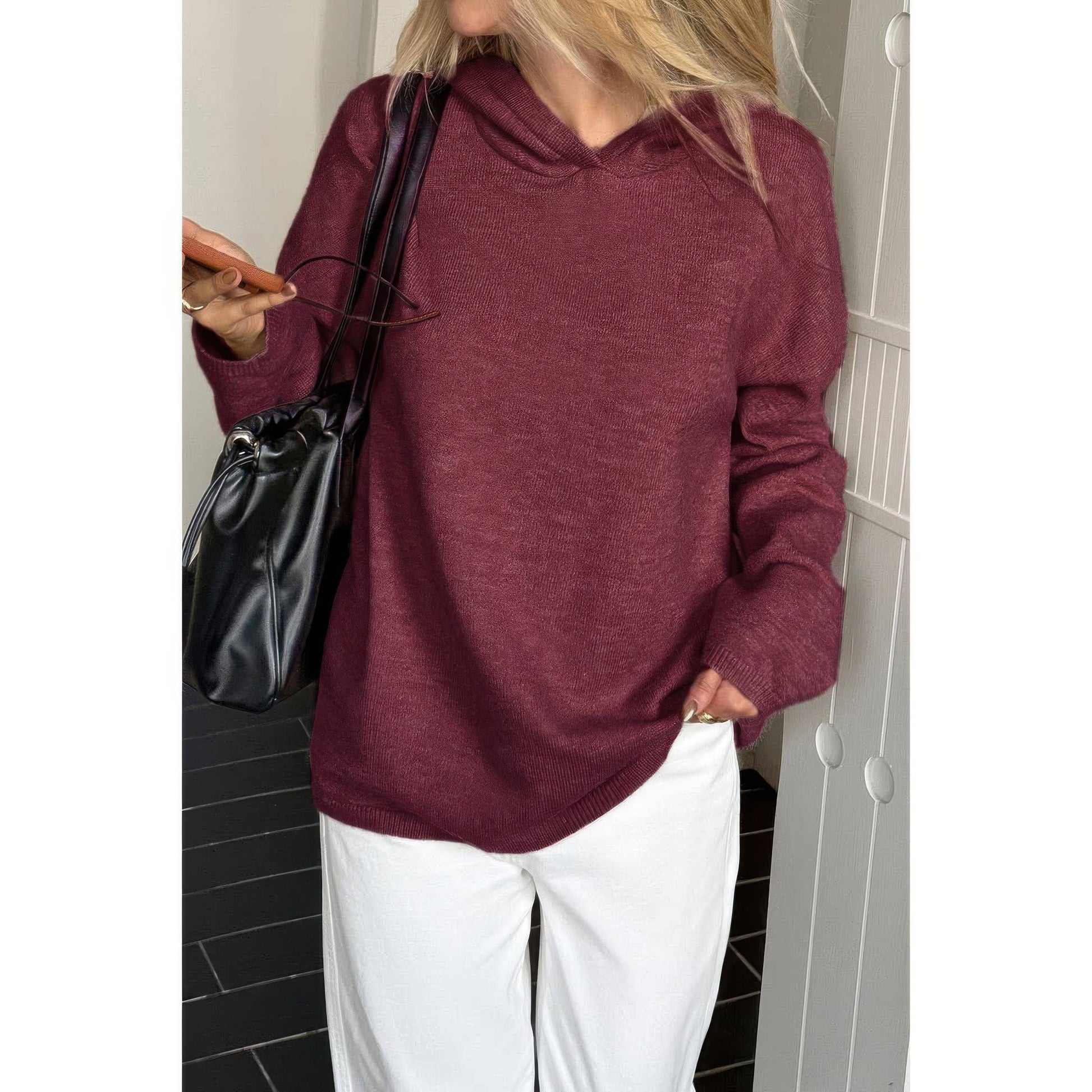 Solid Knit Long Sleeve Loose Hooded Sweater  Shop One Place