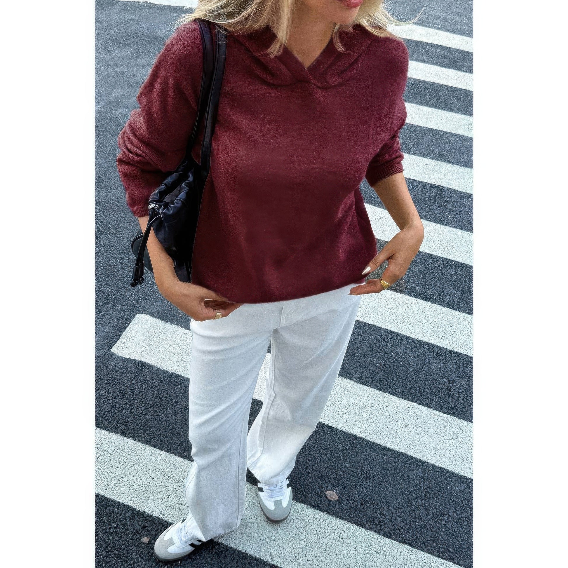 Solid Knit Long Sleeve Loose Hooded Sweater  Shop One Place