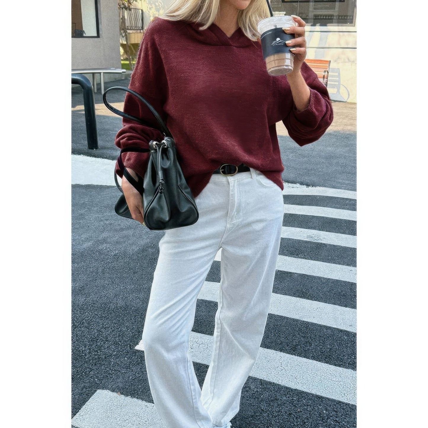 Solid Knit Long Sleeve Loose Hooded Sweater  Shop One Place