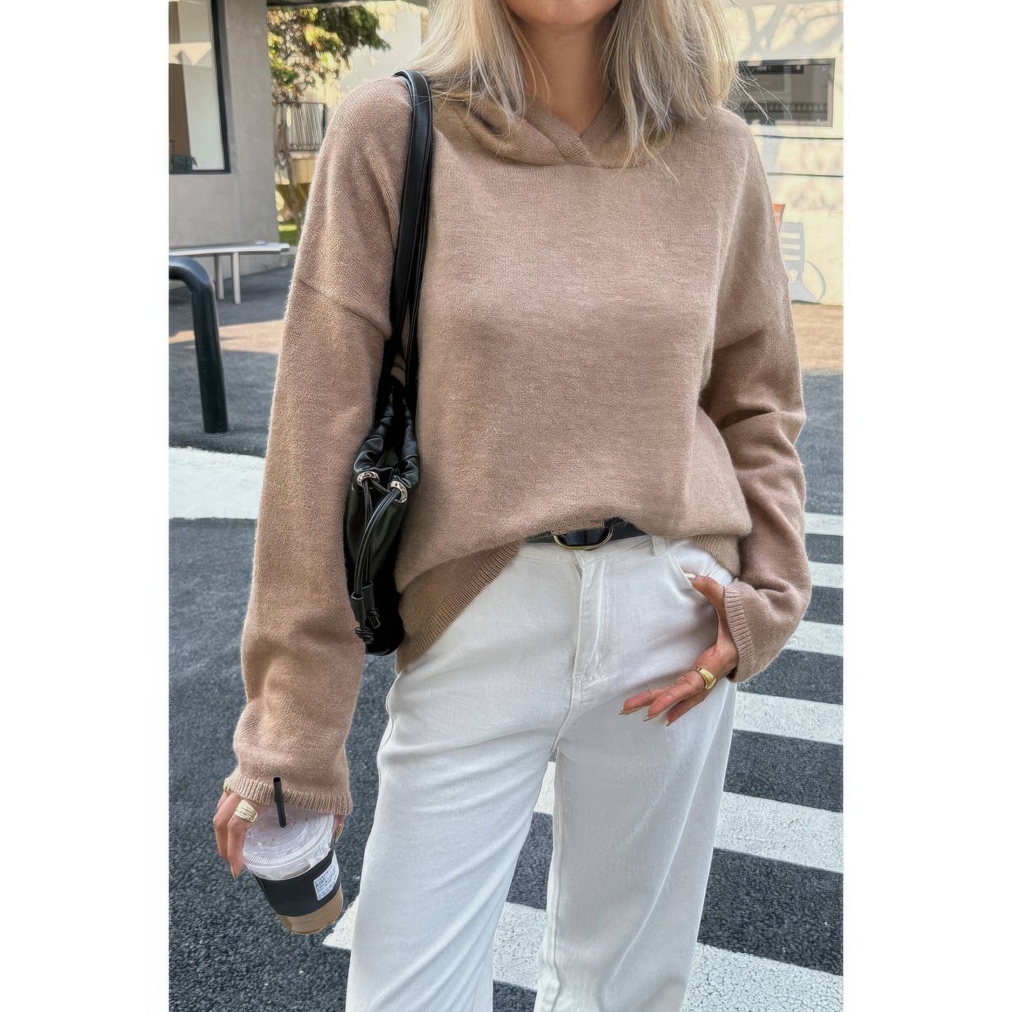 Solid Knit Long Sleeve Loose Hooded Sweater  Shop One Place