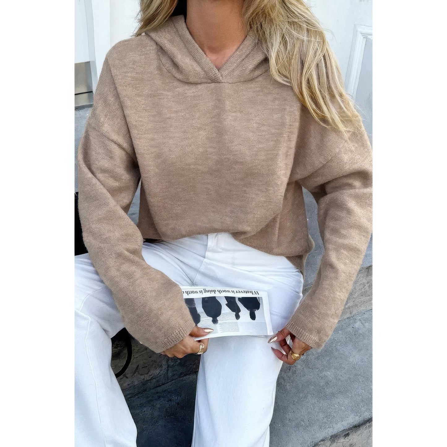 Solid Knit Long Sleeve Loose Hooded Sweater  Shop One Place