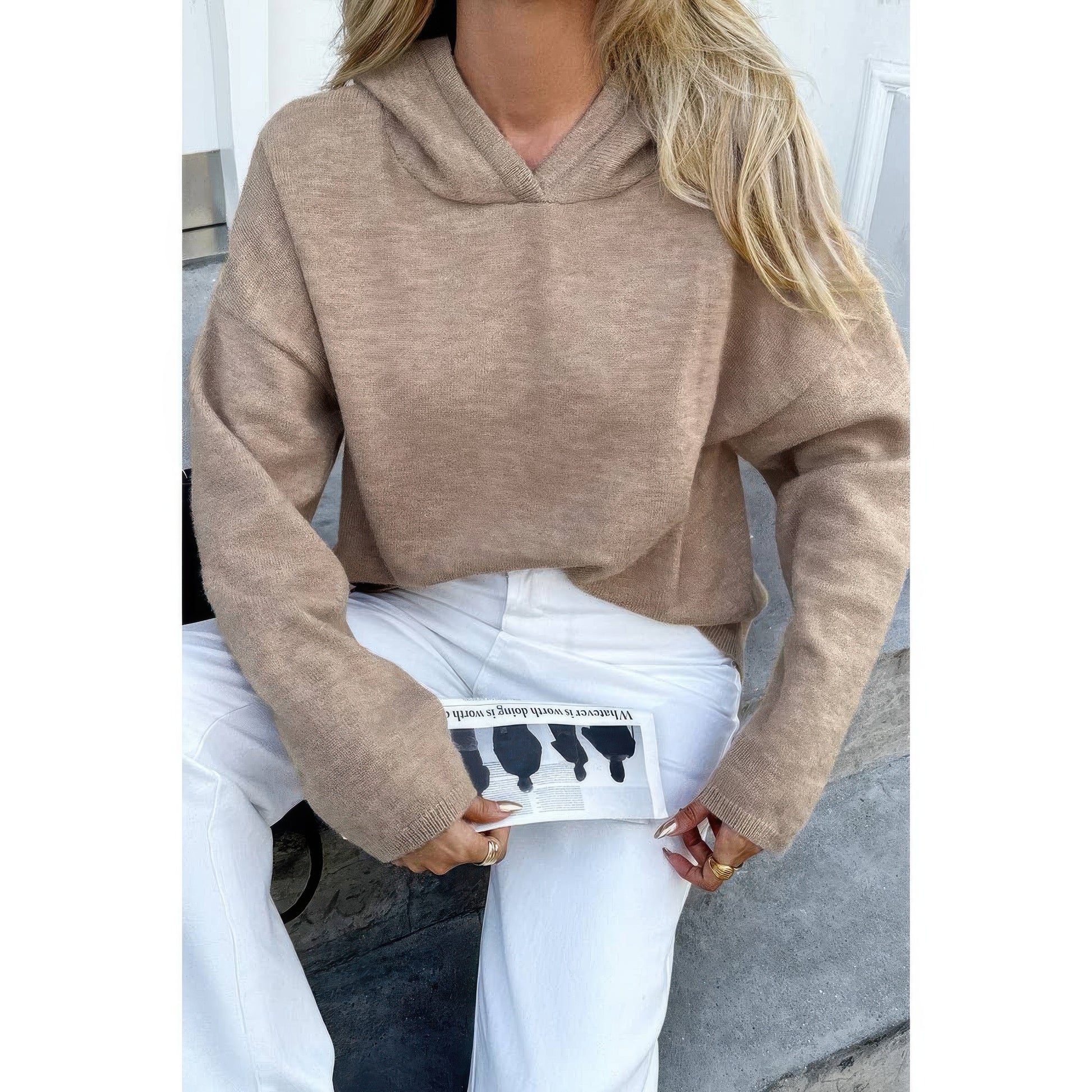 Solid Knit Long Sleeve Loose Hooded Sweater  Shop One Place