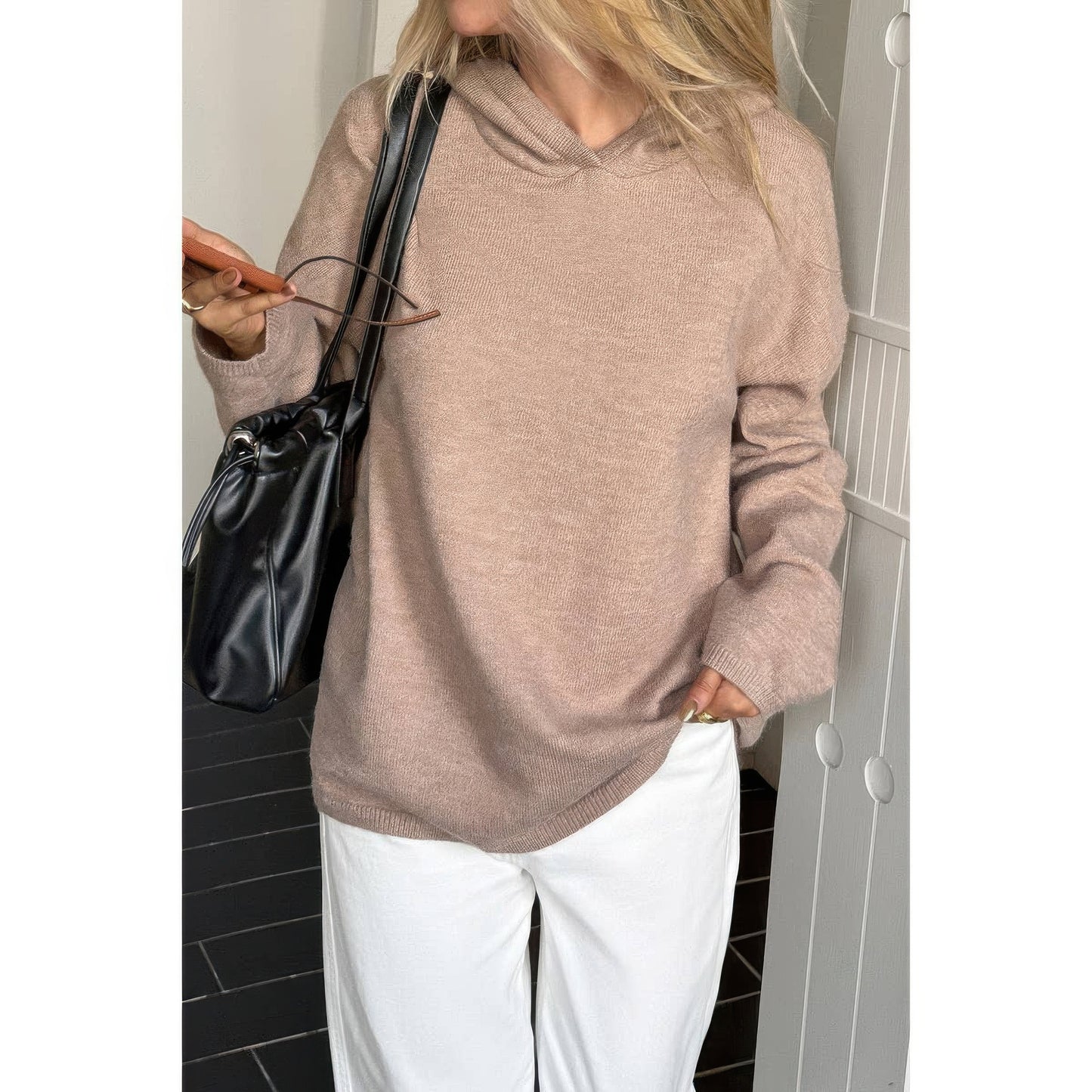 Solid Knit Long Sleeve Loose Hooded Sweater  Shop One Place