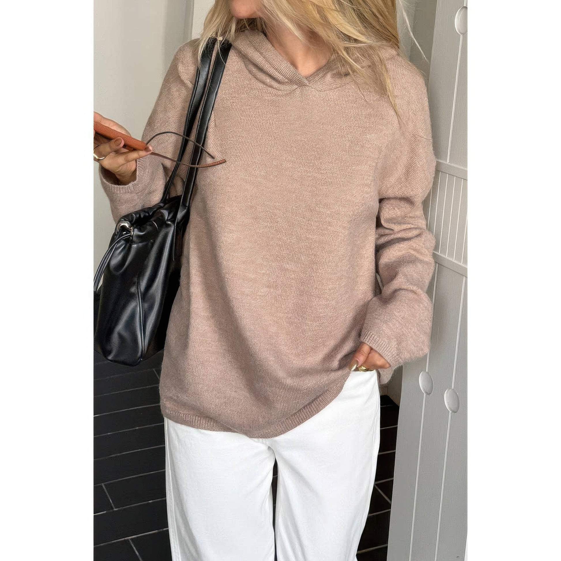 Solid Knit Long Sleeve Loose Hooded Sweater  Shop One Place