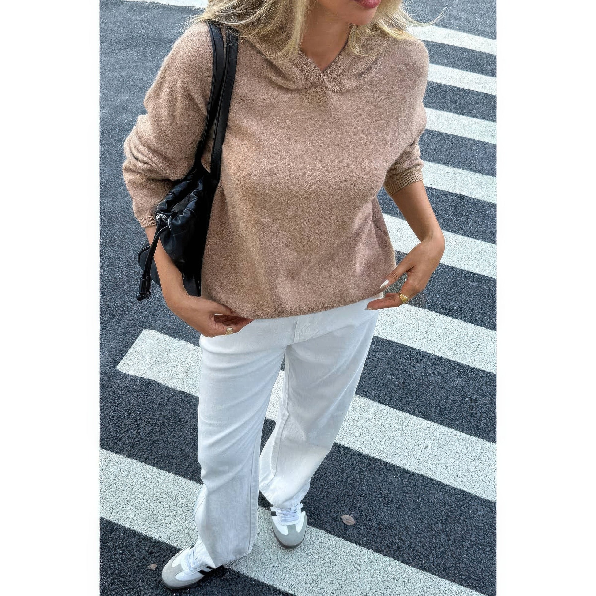 Solid Knit Long Sleeve Loose Hooded Sweater  Shop One Place