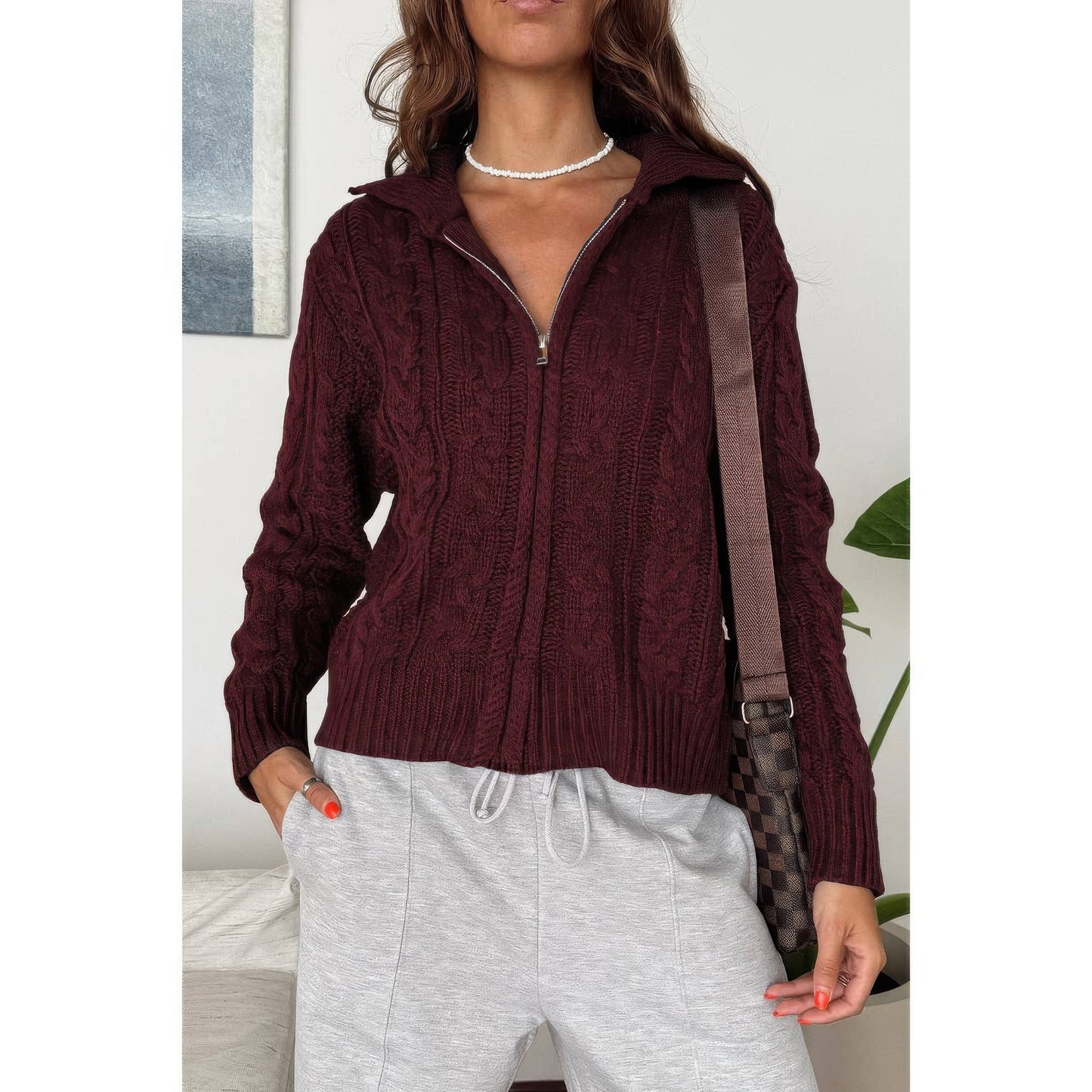 Solid Cable Knit Drop Shoulder Zipper Cardigan  Shop One Place