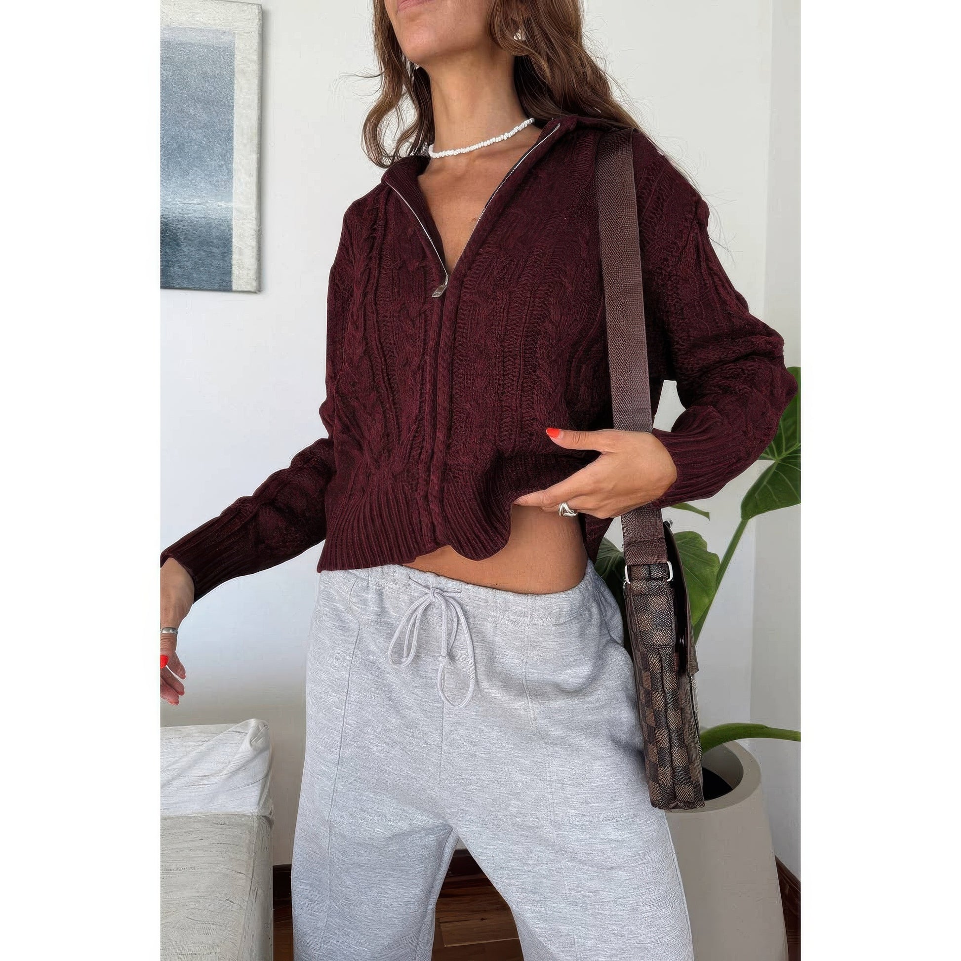 Solid Cable Knit Drop Shoulder Zipper Cardigan  Shop One Place