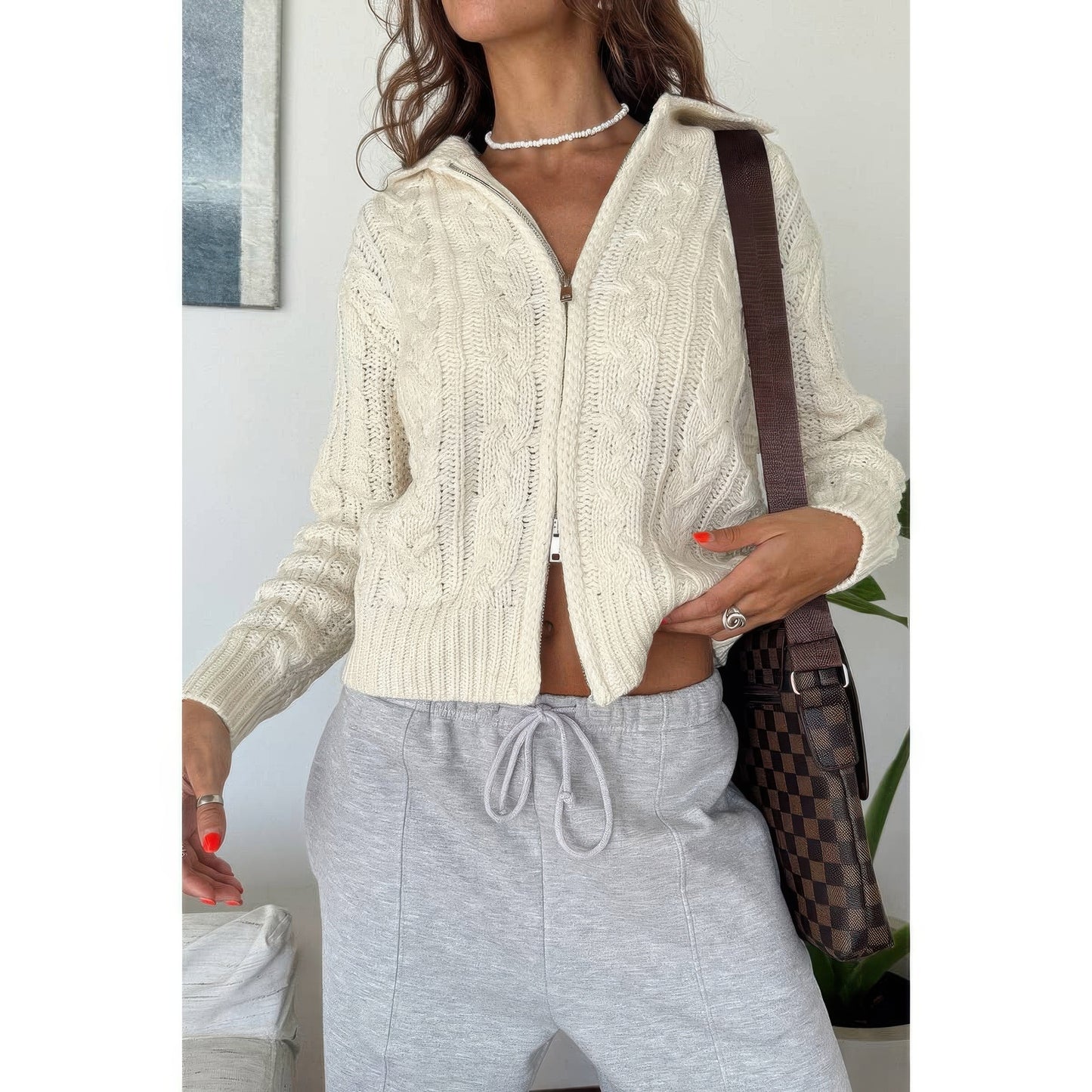 Solid Cable Knit Drop Shoulder Zipper Cardigan  Shop One Place
