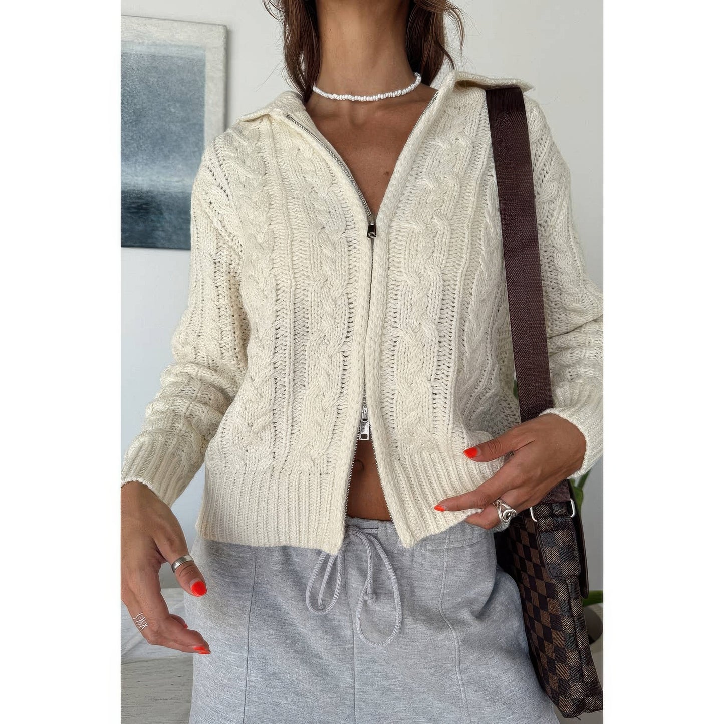Solid Cable Knit Drop Shoulder Zipper Cardigan  Shop One Place