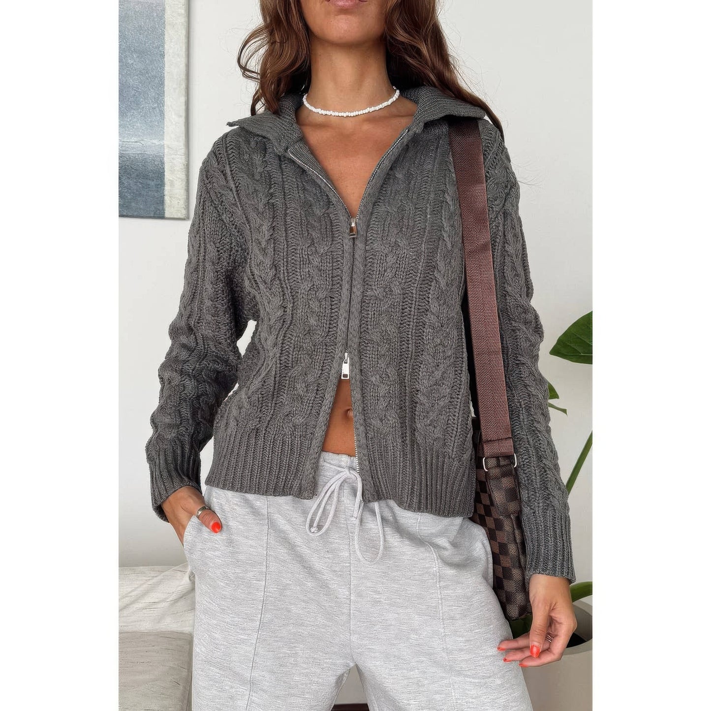 Solid Cable Knit Drop Shoulder Zipper Cardigan  Shop One Place
