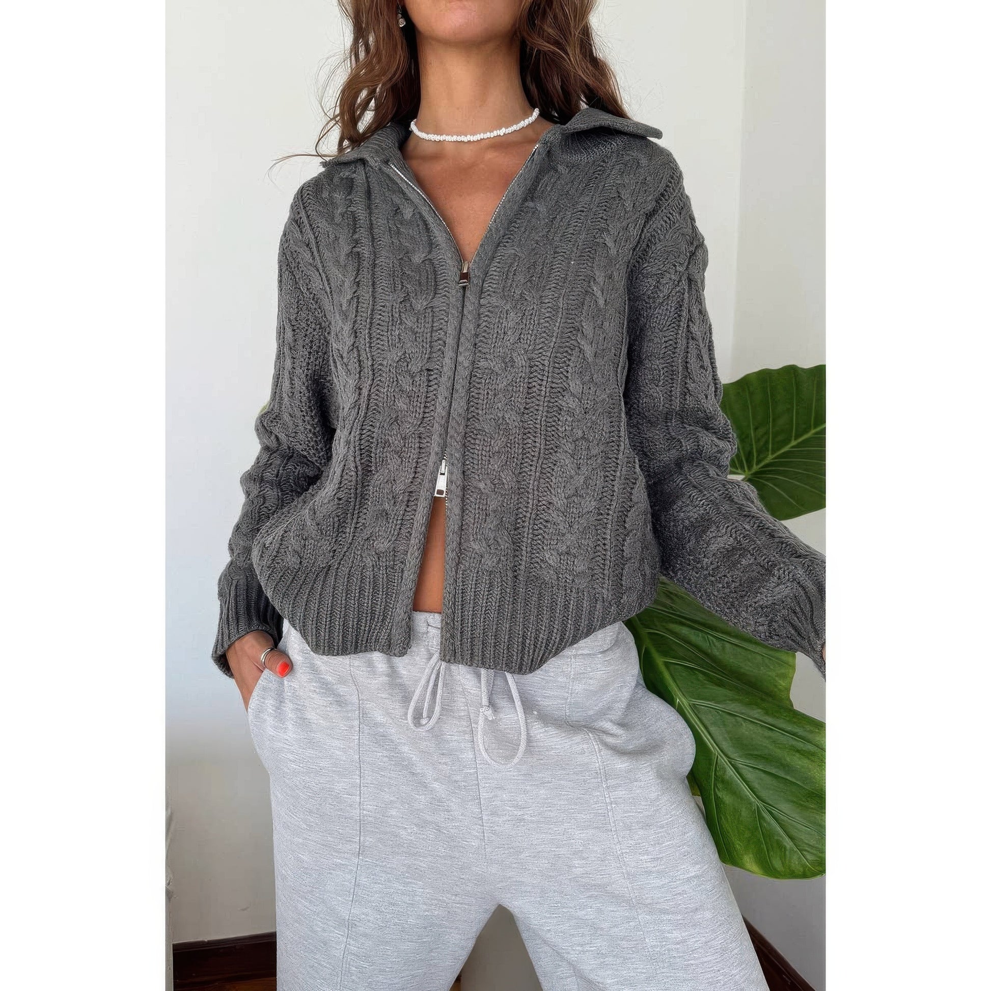 Solid Cable Knit Drop Shoulder Zipper Cardigan  Shop One Place